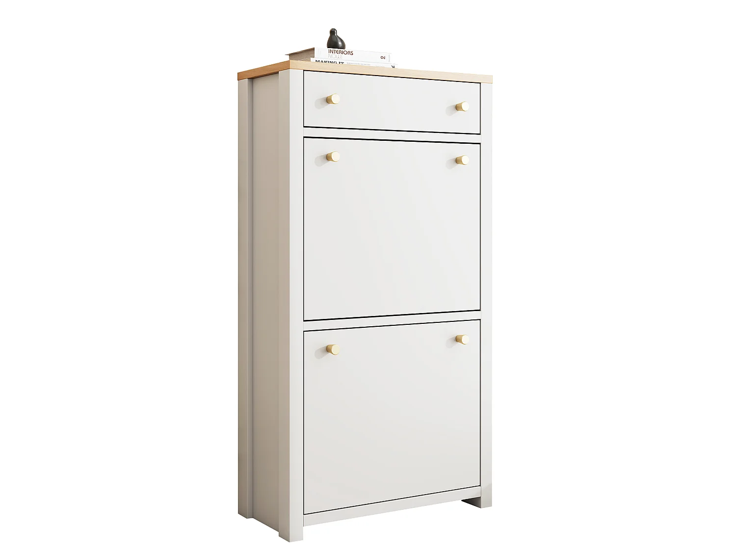 Schoenenkast met 2 neerklapbare deuren, lade en verstelbare planken – MDF – 50 x 25 x 95 cm – Wit houteffect