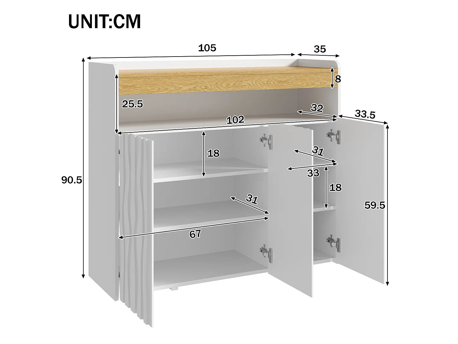 Dressoir met 3 deuren, open schap, verstelbare schappen en ledverlichting – Spaanplaat – 105 x 33,5 x 76 cm – Wit en naturel