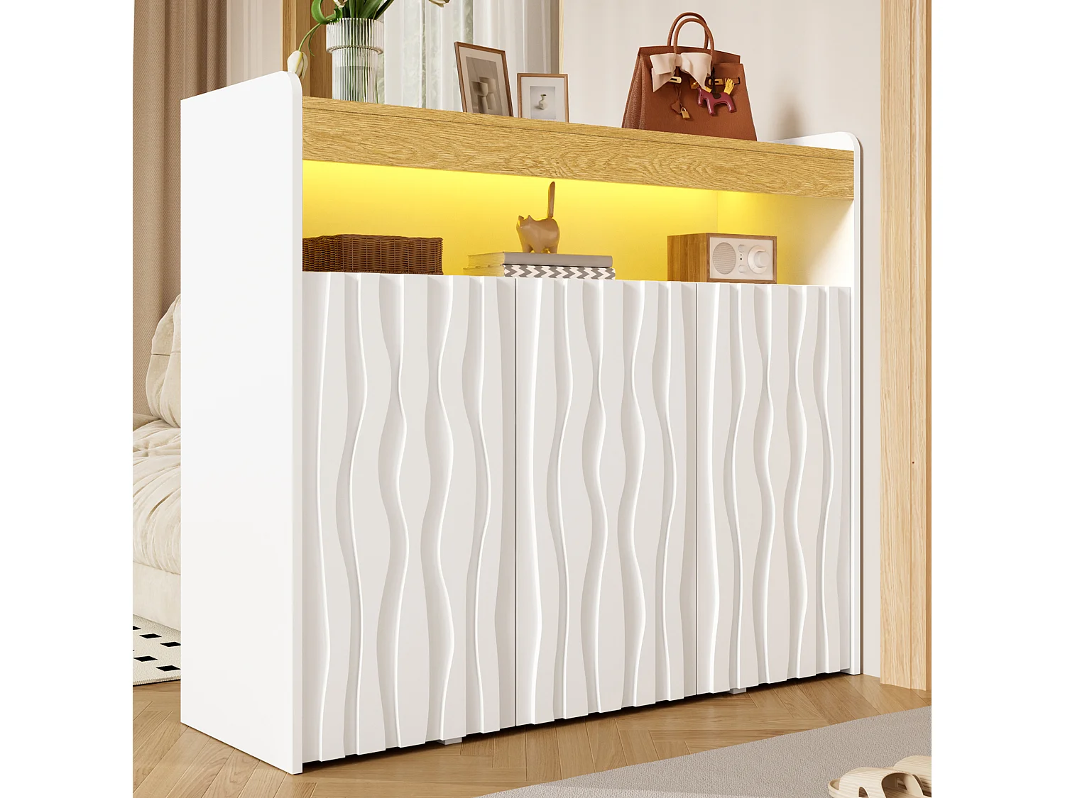 Dressoir met 3 deuren, open schap, verstelbare schappen en ledverlichting – Spaanplaat – 105 x 33,5 x 76 cm – Wit en naturel