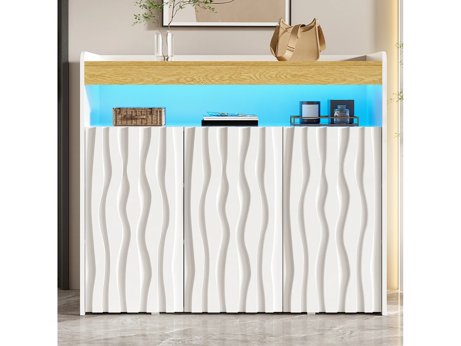Dressoir met 3 deuren, open schap, verstelbare schappen en ledverlichting – Spaanplaat – 105 x 33,5 x 76 cm – Wit en naturel
