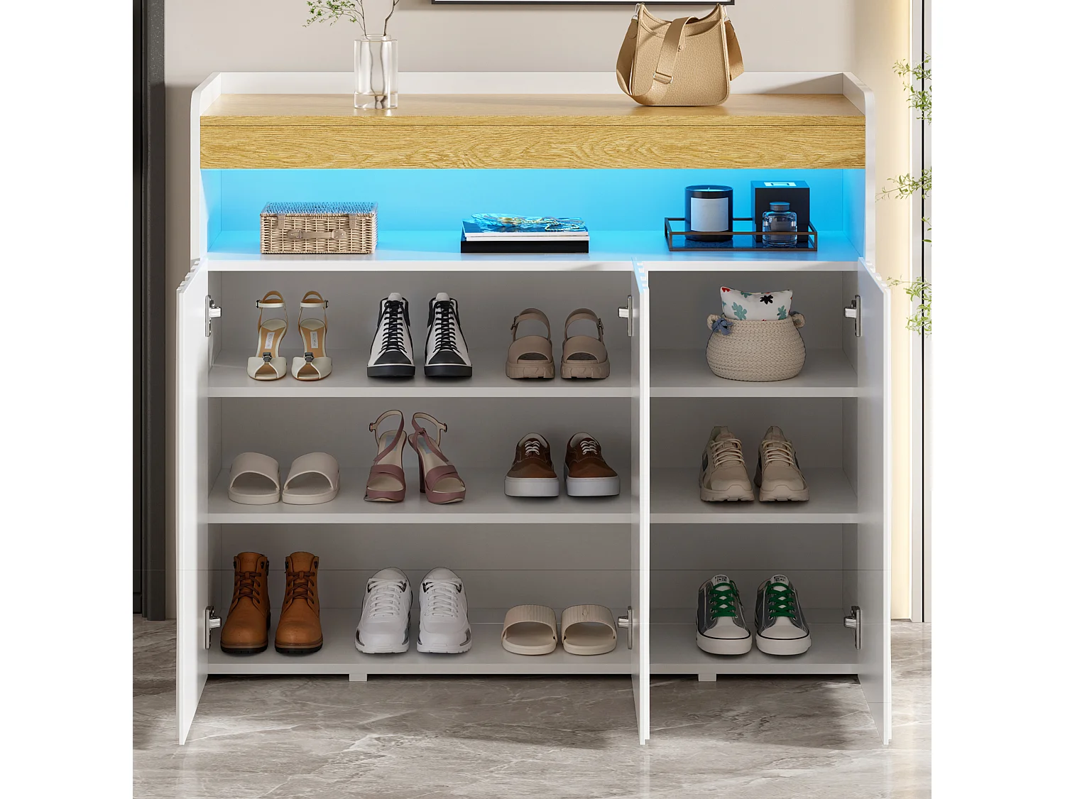Dressoir met 3 deuren, open schap, verstelbare schappen en ledverlichting – Spaanplaat – 105 x 33,5 x 76 cm – Wit en naturel