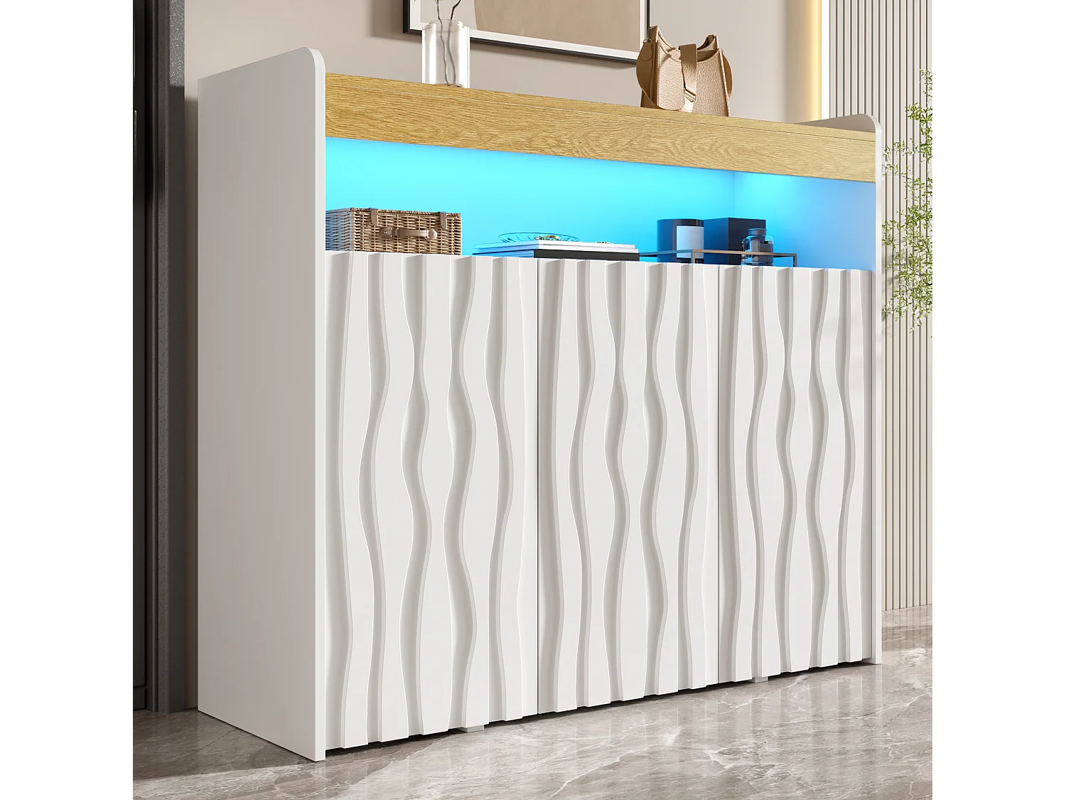 Dressoir met 3 deuren, open schap, verstelbare schappen en ledverlichting – Spaanplaat – 105 x 33,5 x 76 cm – Wit en naturel