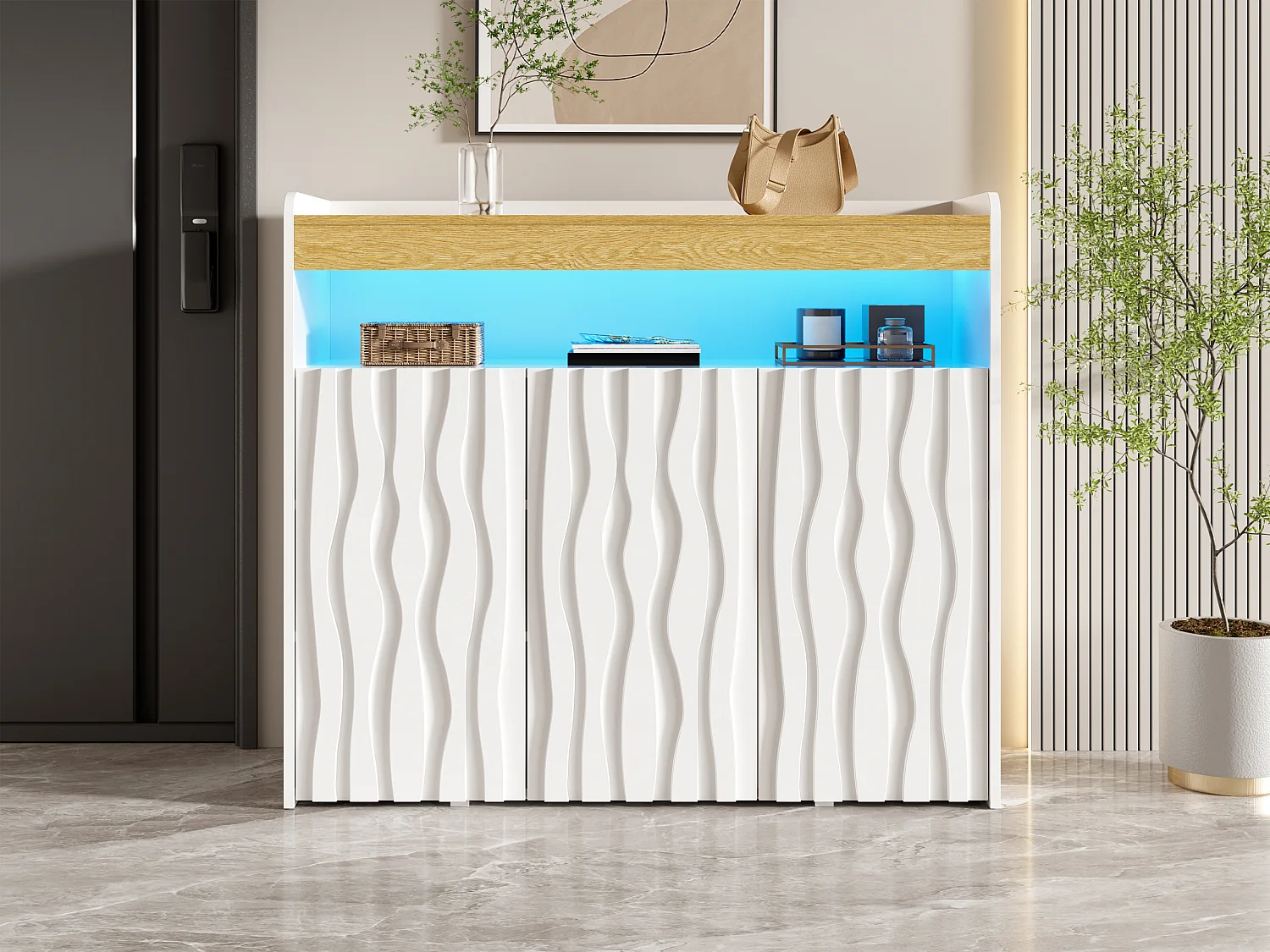 Dressoir met 3 deuren, open schap, verstelbare schappen en ledverlichting – Spaanplaat – 105 x 33,5 x 76 cm – Wit en naturel