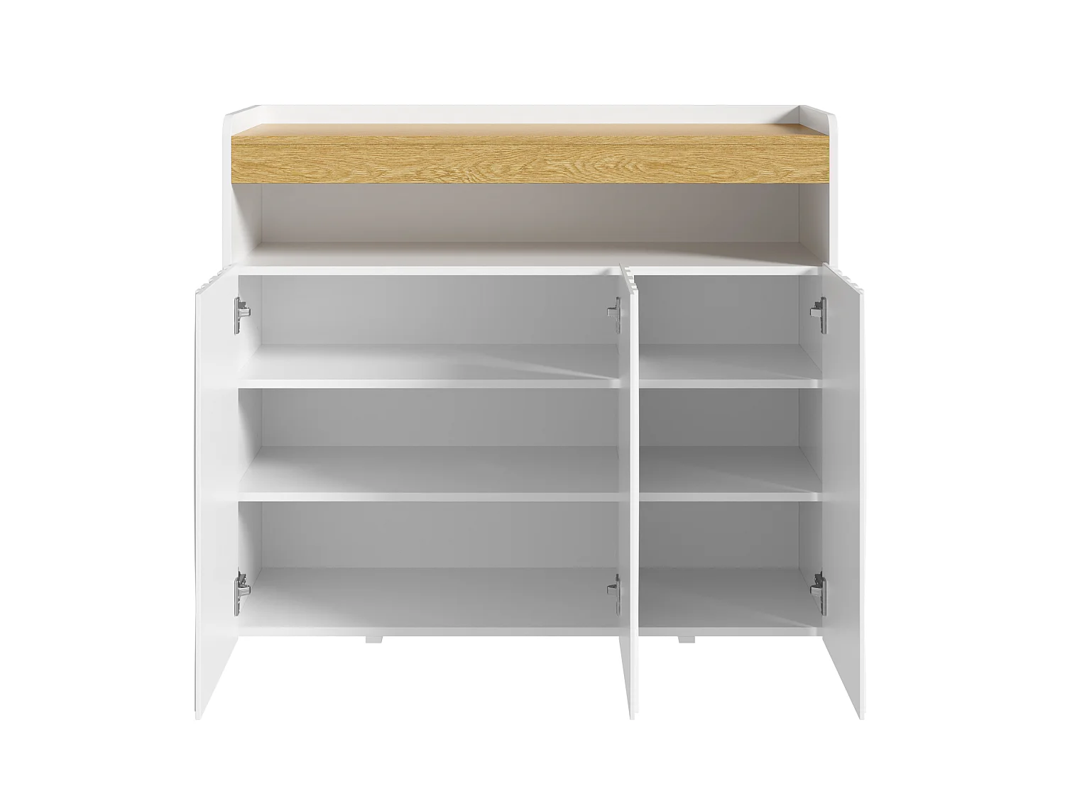 Dressoir met 3 deuren, open schap, verstelbare schappen en ledverlichting – Spaanplaat – 105 x 33,5 x 76 cm – Wit en naturel