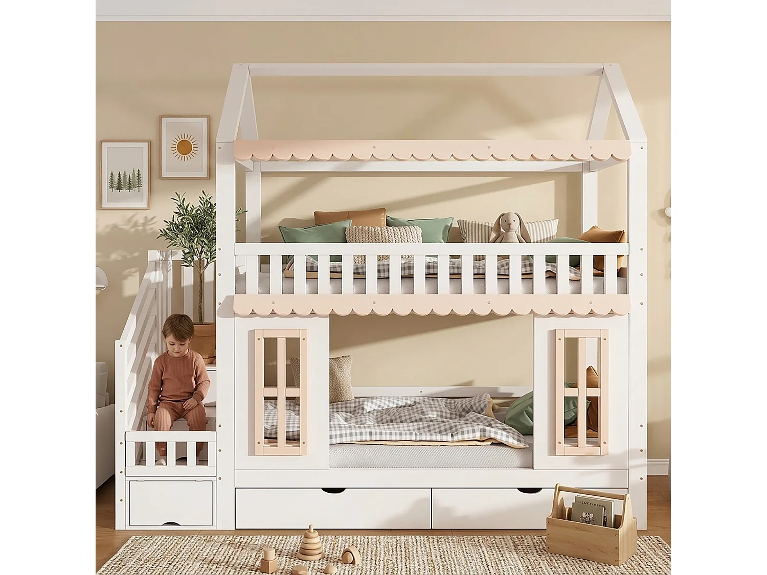 Bunk bed 2 x 90 x 200 cm in the shape of a little house with 2 drawers and decorative windows – Pine and MDF – White and natural (Mattress not included)