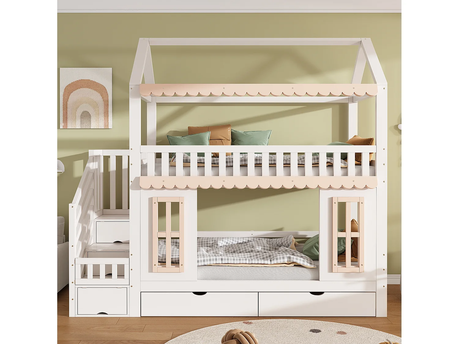Bunk bed 2 x 90 x 200 cm in the shape of a little house with 2 drawers and decorative windows – Pine and MDF – White and natural (Mattress not included)