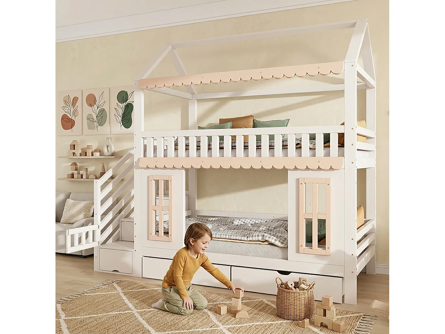 Bunk bed 2 x 90 x 200 cm in the shape of a little house with 2 drawers and decorative windows – Pine and MDF – White and natural (Mattress not included)