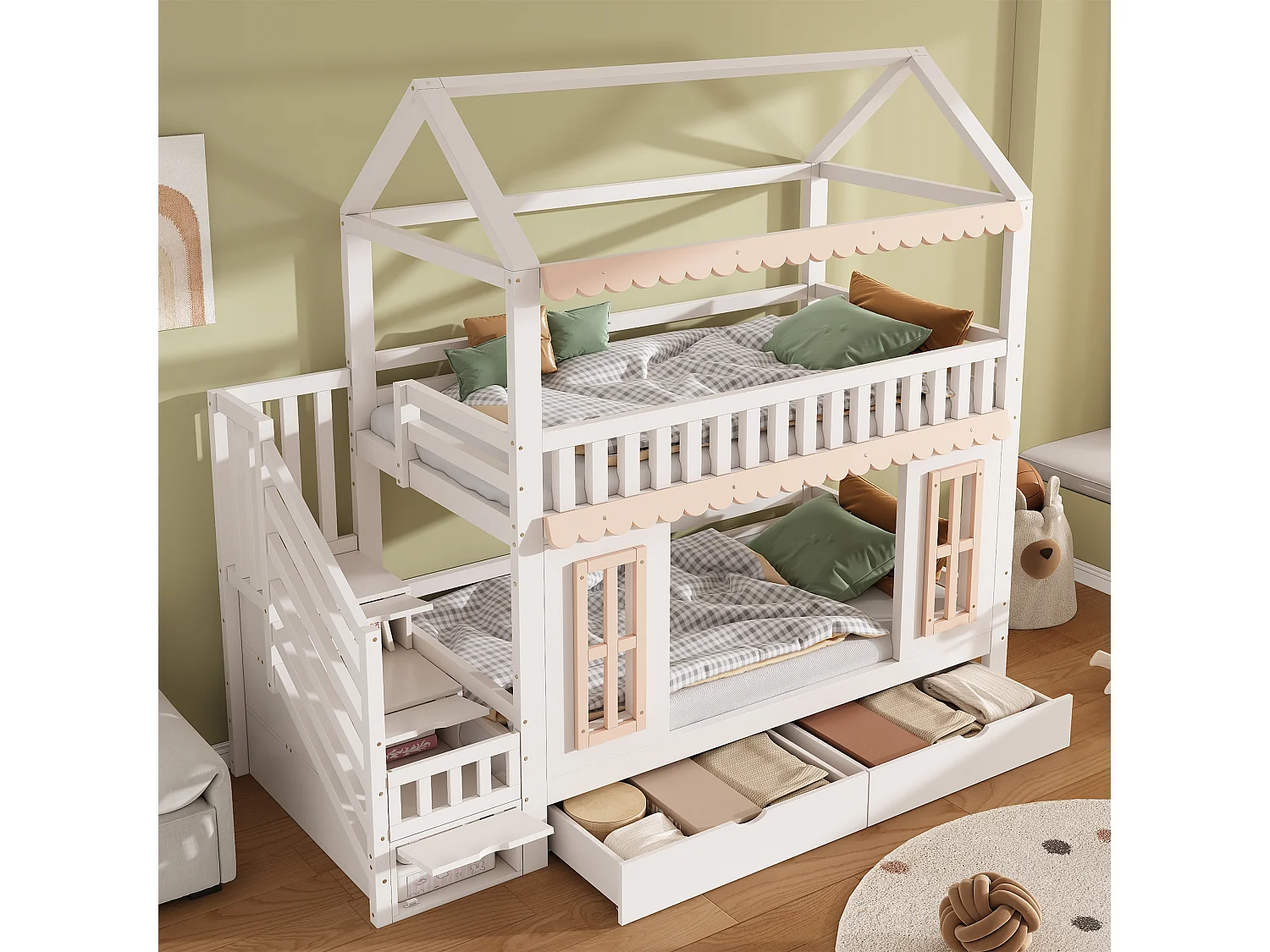 Bunk bed 2 x 90 x 200 cm in the shape of a little house with 2 drawers and decorative windows – Pine and MDF – White and natural (Mattress not included)