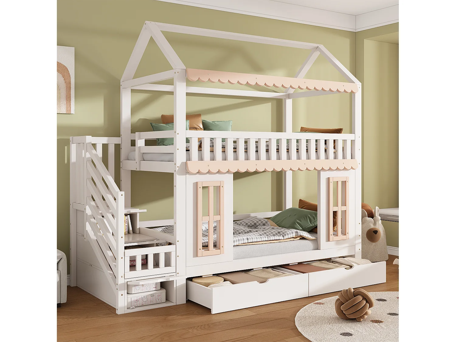 Bunk bed 2 x 90 x 200 cm in the shape of a little house with 2 drawers and decorative windows – Pine and MDF – White and natural (Mattress not included)