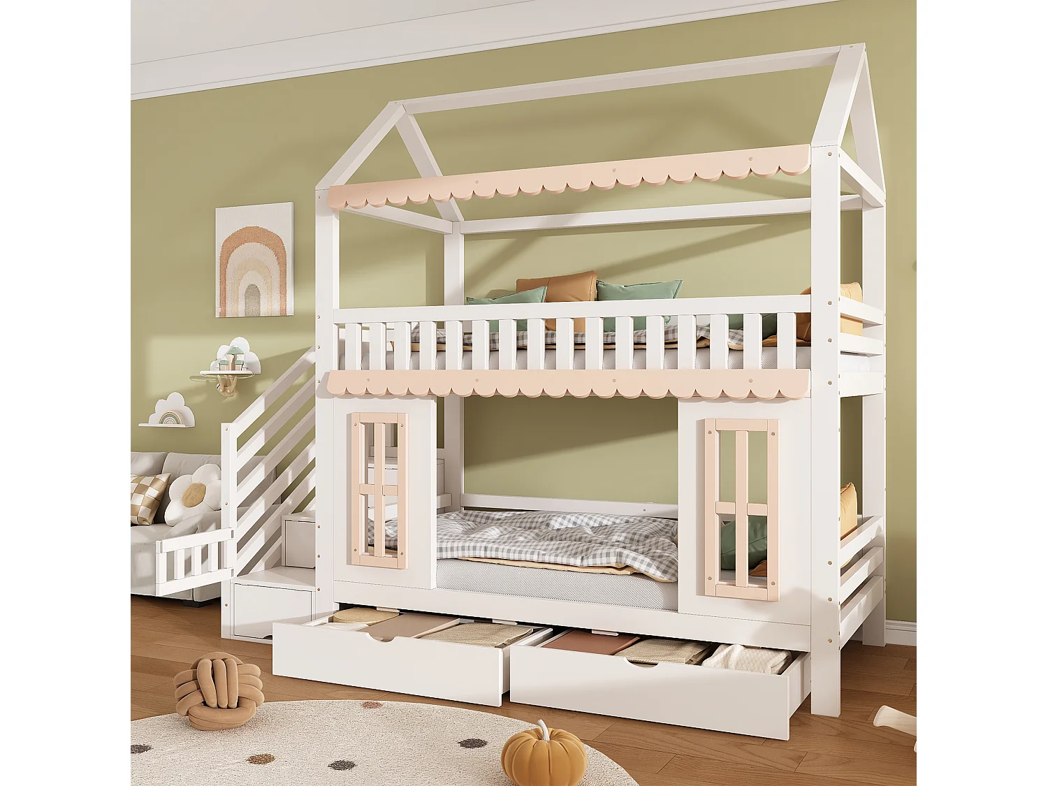 Bunk bed 2 x 90 x 200 cm in the shape of a little house with 2 drawers and decorative windows – Pine and MDF – White and natural (Mattress not included)