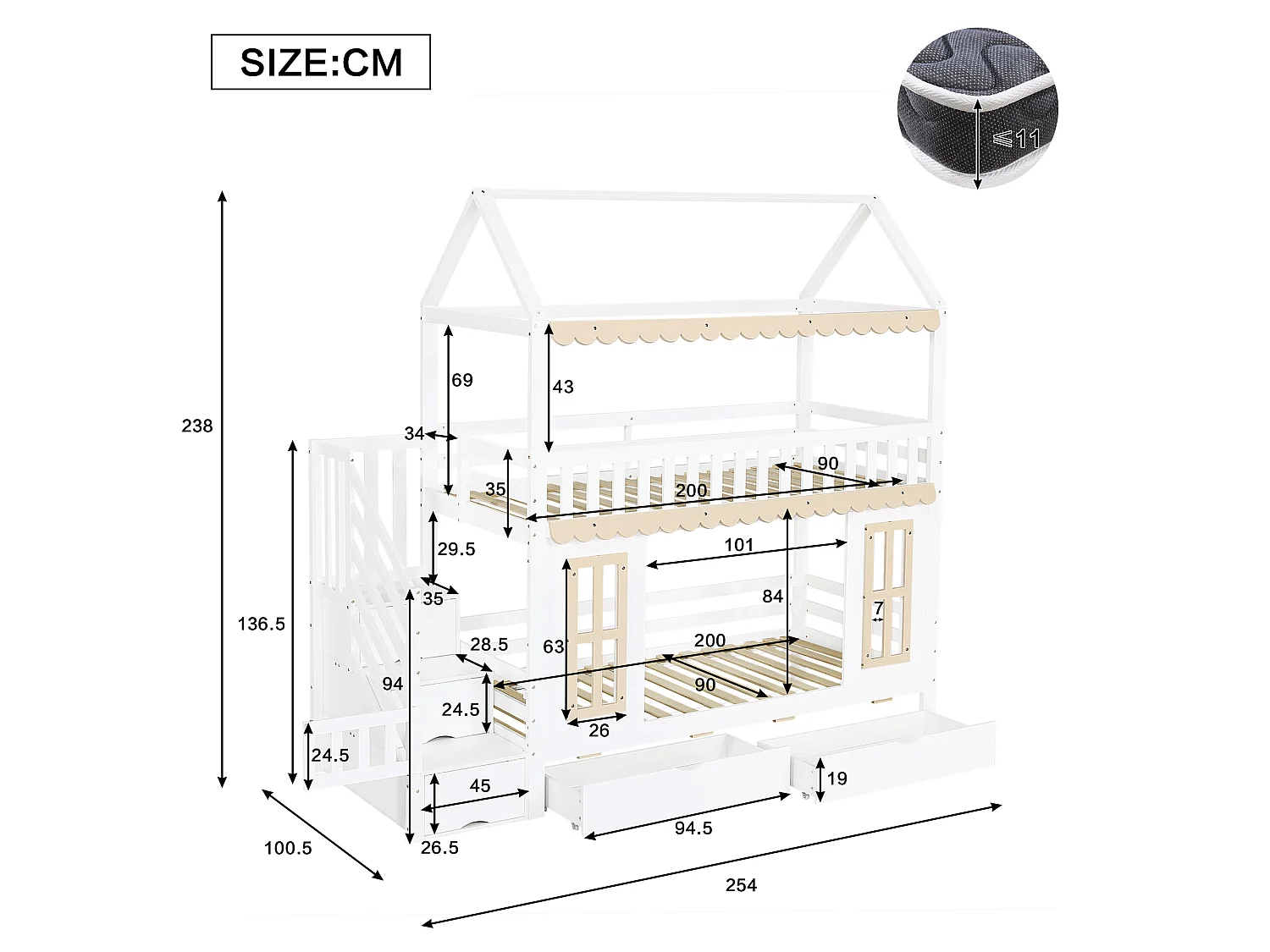 Bunk bed 2 x 90 x 200 cm in the shape of a little house with 2 drawers and decorative windows – Pine and MDF – White and natural (Mattress not included)