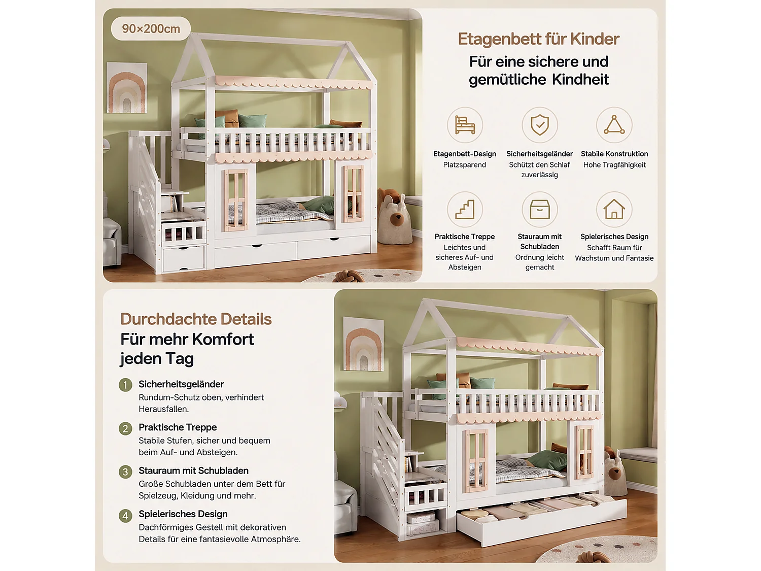 Bunk bed 2 x 90 x 200 cm in the shape of a little house with 2 drawers and decorative windows – Pine and MDF – White and natural (Mattress not included)