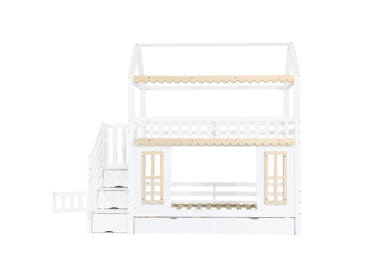 Bunk bed 2 x 90 x 200 cm in the shape of a little house with 2 drawers and decorative windows – Pine and MDF – White and natural (Mattress not included)