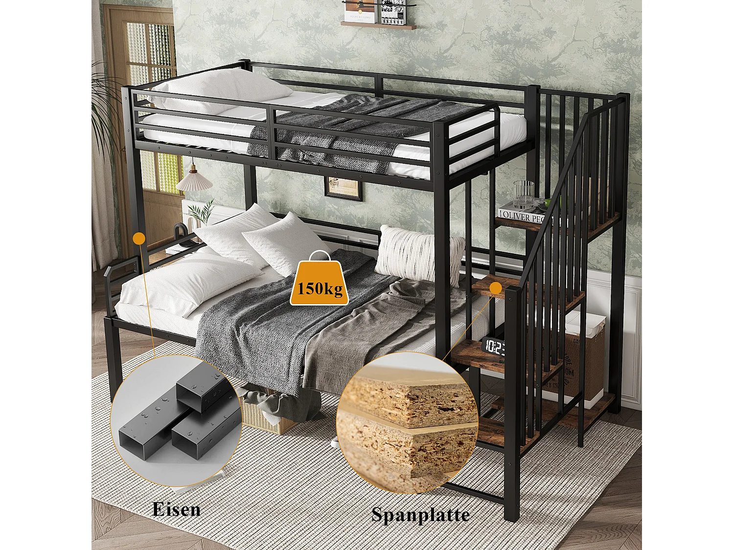 Bunk beds 90 x 200 cm and 120 x 200 cm with corner wardrobe - Metal and MDF - Black and vintage wood