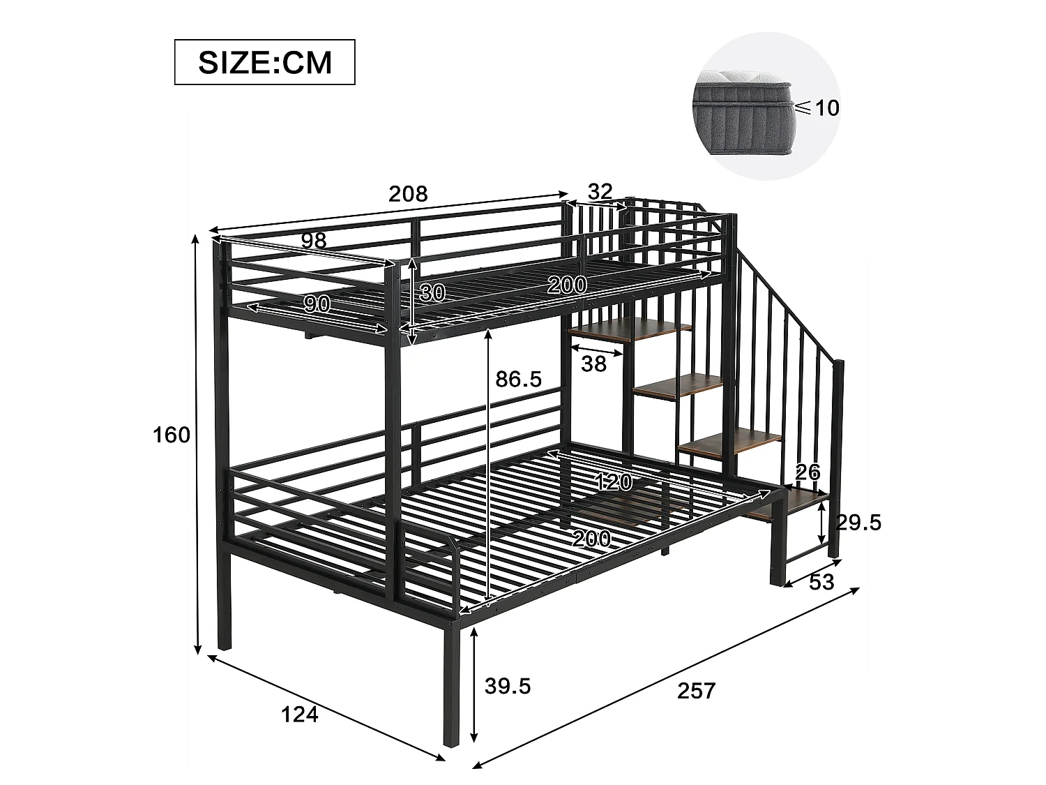 Bunk beds 90 x 200 cm and 120 x 200 cm with corner wardrobe - Metal and MDF - Black and vintage wood
