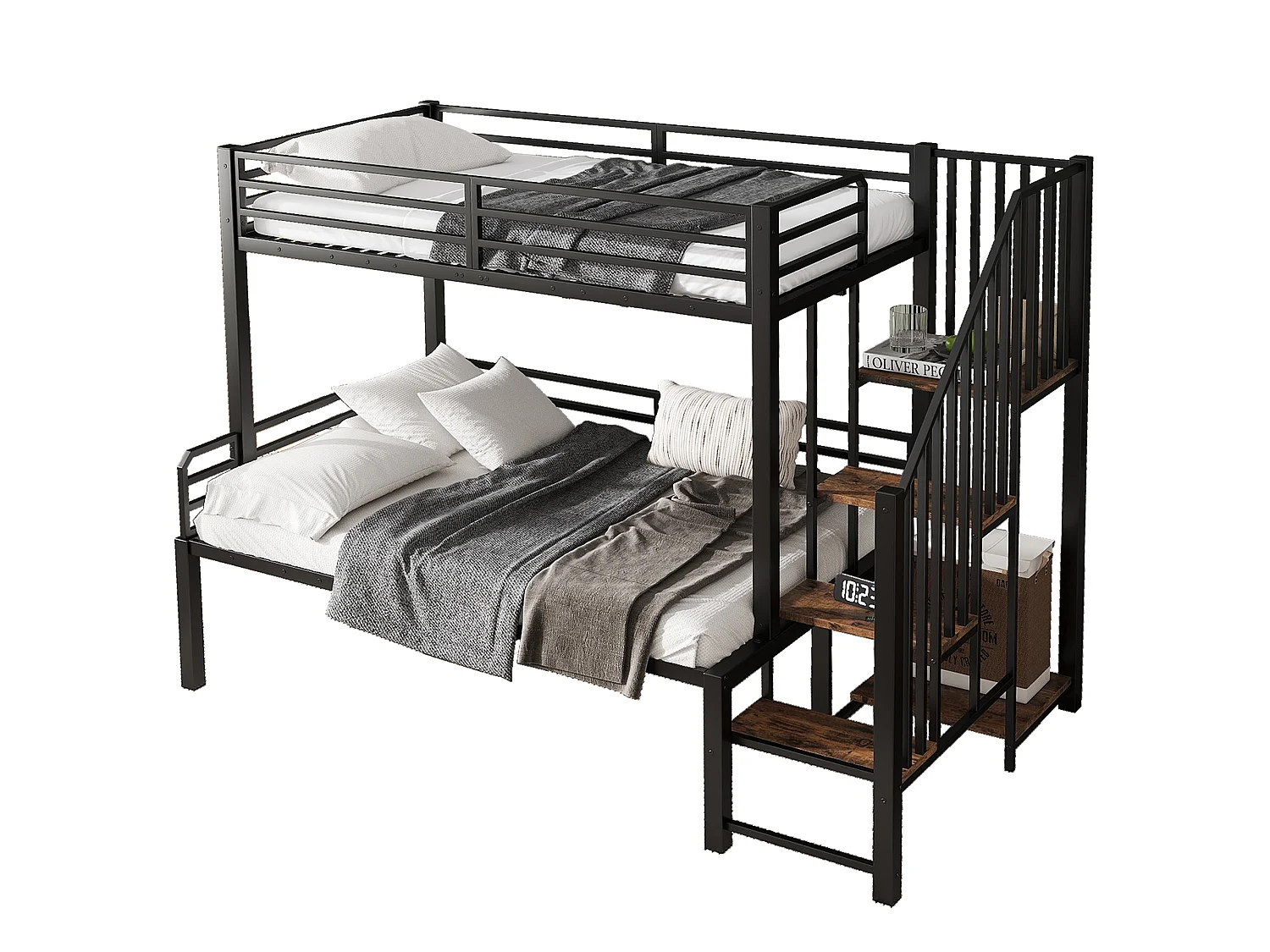 Bunk beds 90 x 200 cm and 120 x 200 cm with corner wardrobe - Metal and MDF - Black and vintage wood