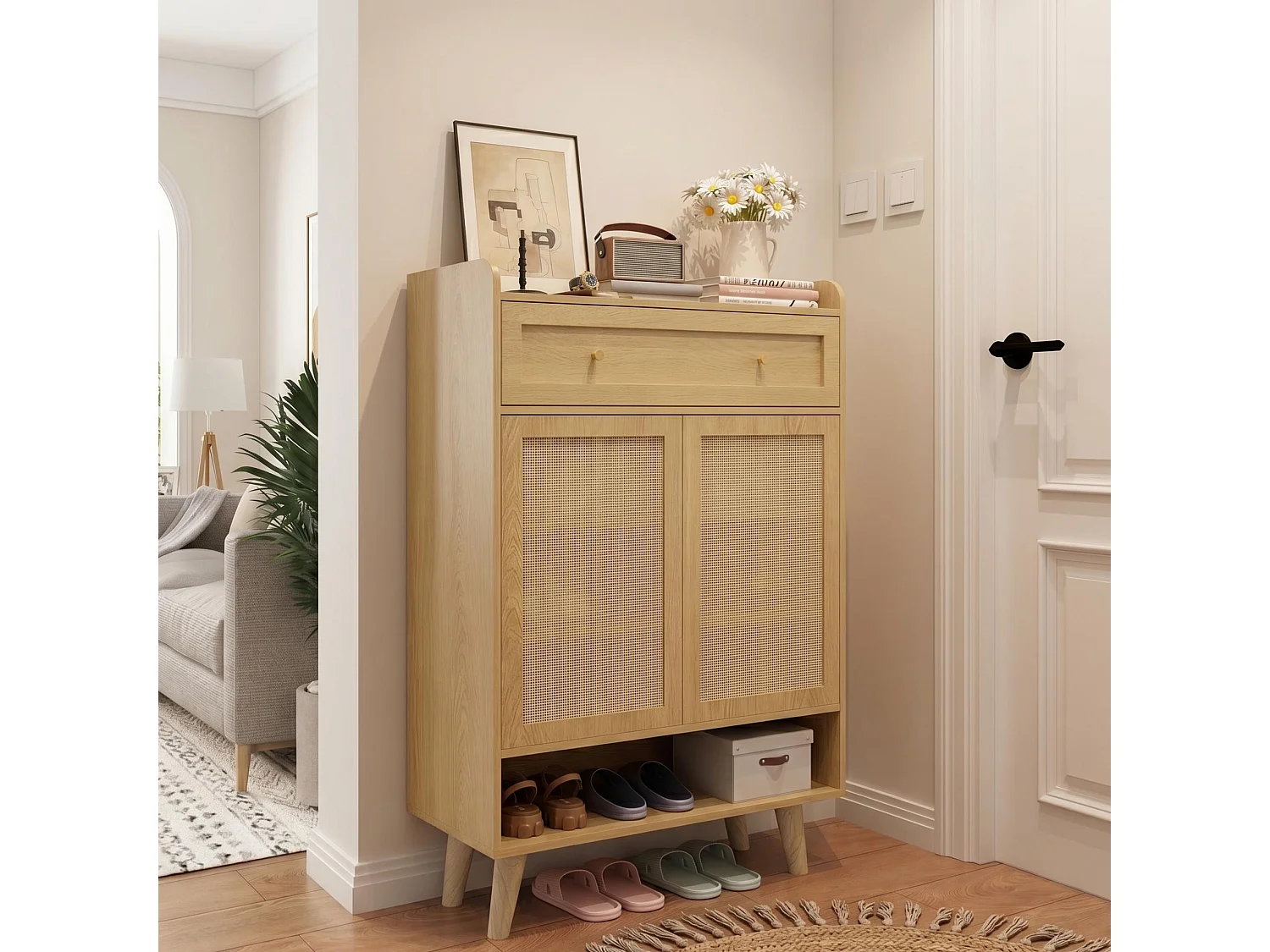 Sideboard with 2 doors and 1 drawer - 80 x 35 x 105 cm - Particleboard and solid wood - Rounded corner design - Light oak