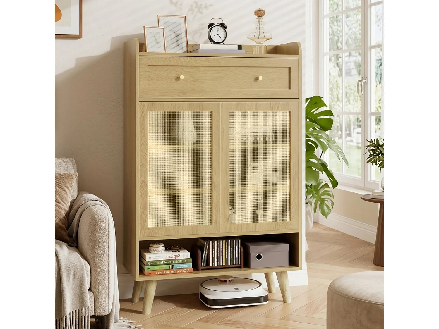 Sideboard with 2 doors and 1 drawer - 80 x 35 x 105 cm - Particleboard and solid wood - Rounded corner design - Light oak