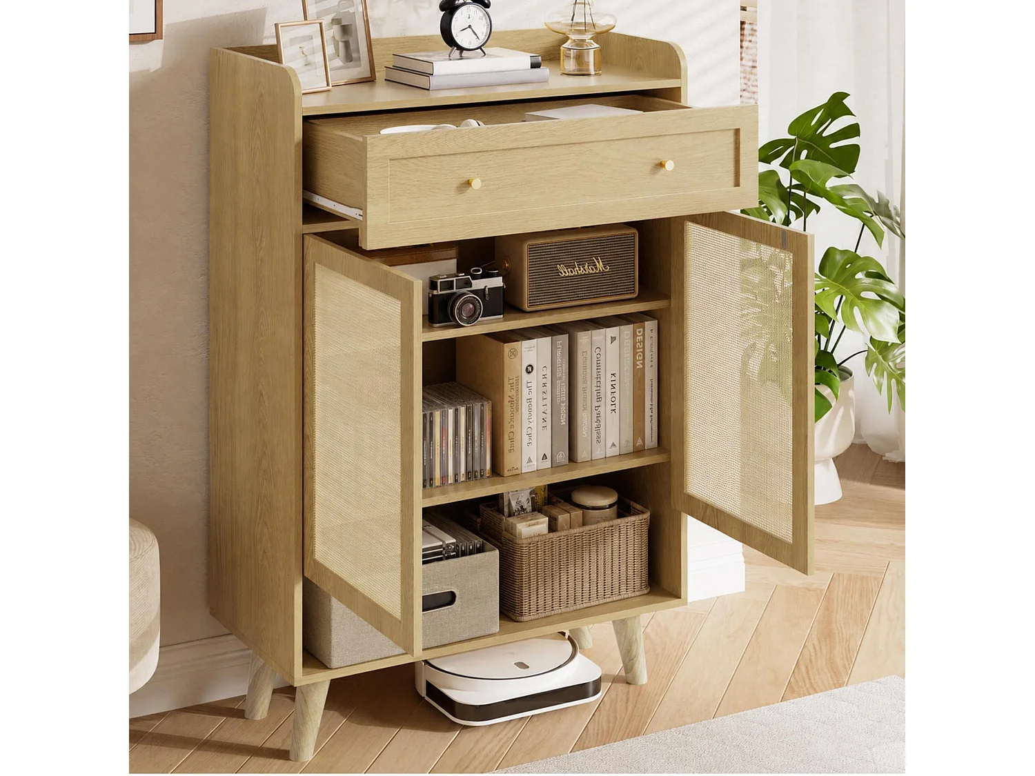 Sideboard with 2 doors and 1 drawer - 80 x 35 x 105 cm - Particleboard and solid wood - Rounded corner design - Light oak