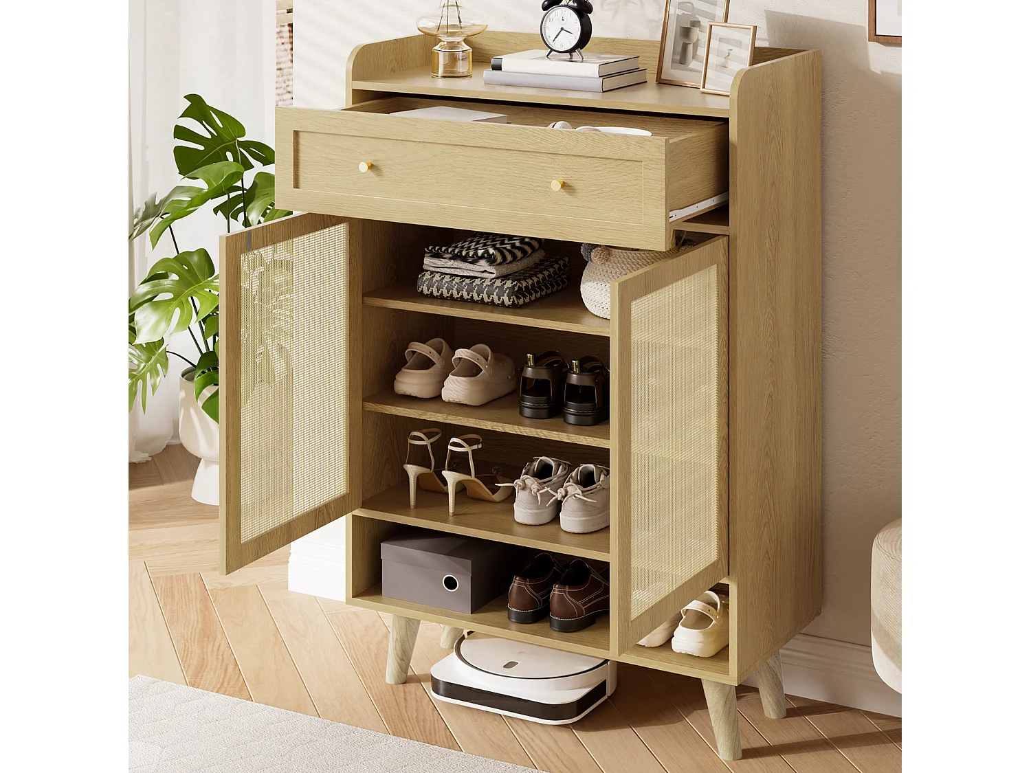 Sideboard with 2 doors and 1 drawer - 80 x 35 x 105 cm - Particleboard and solid wood - Rounded corner design - Light oak