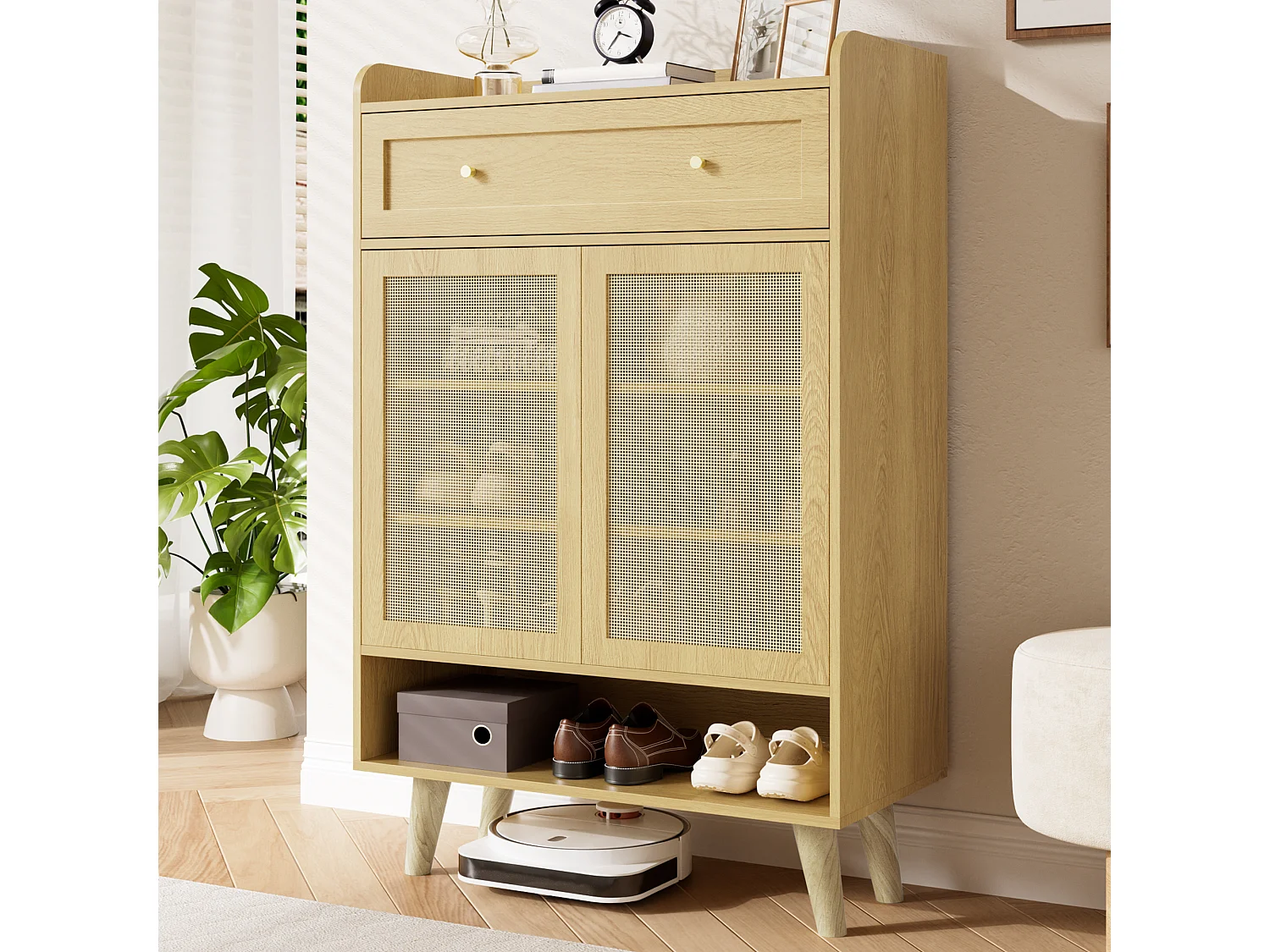 Sideboard with 2 doors and 1 drawer - 80 x 35 x 105 cm - Particleboard and solid wood - Rounded corner design - Light oak