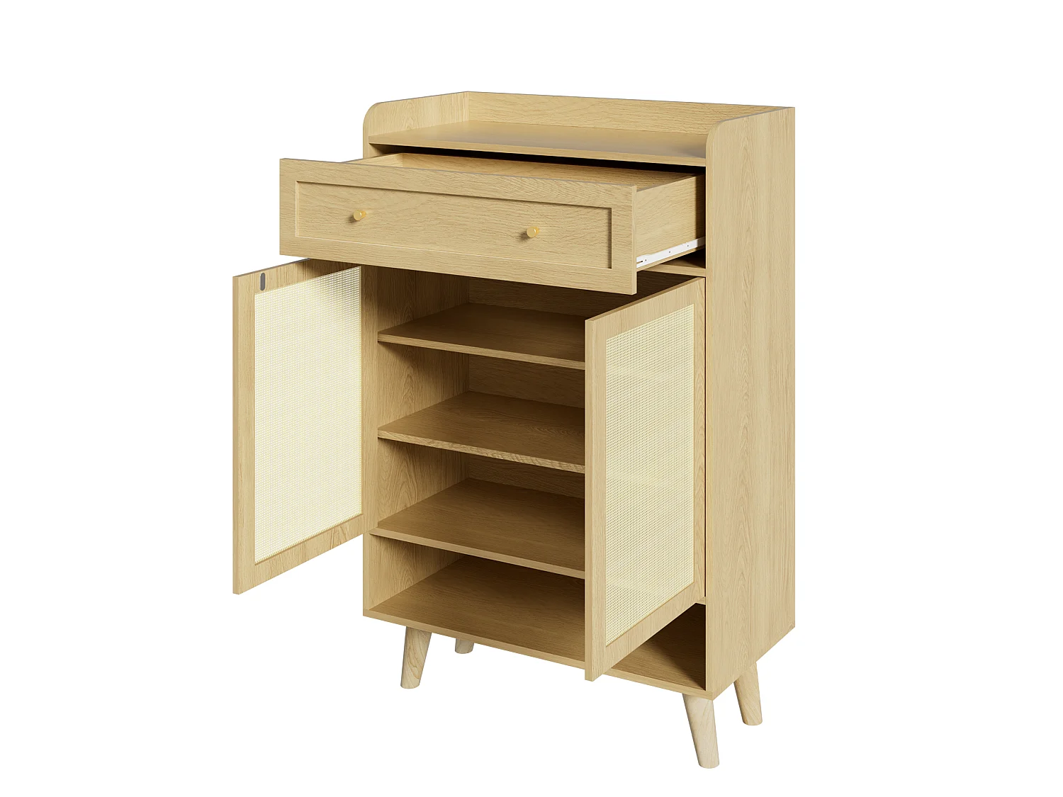 Sideboard with 2 doors and 1 drawer - 80 x 35 x 105 cm - Particleboard and solid wood - Rounded corner design - Light oak