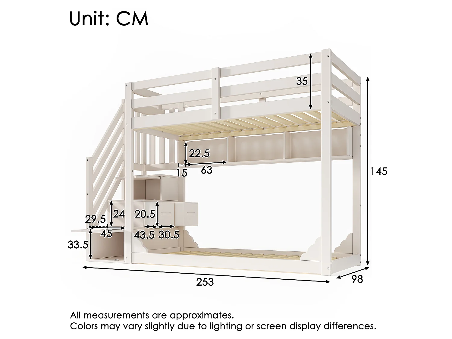 Bunk beds 2 x 90 x 200 cm with 2 drawers, 2 doors and 3 compartments - Pine + particleboard + plywood - White (Mattresses not included)
