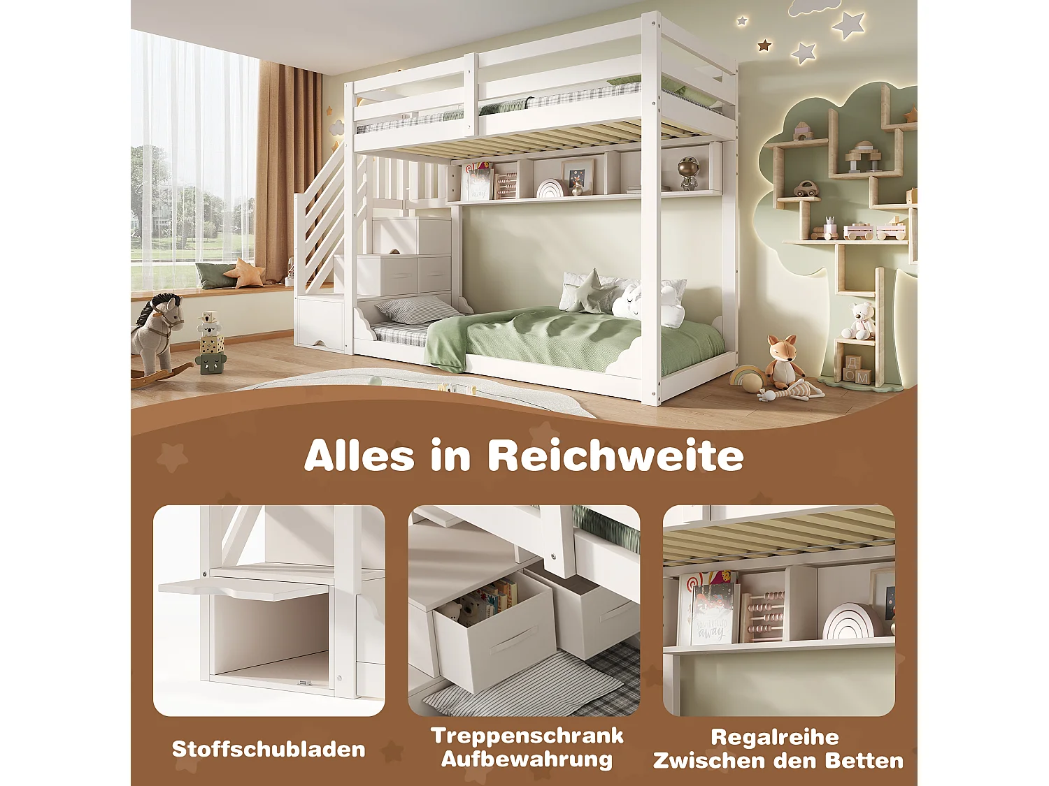 Bunk beds 2 x 90 x 200 cm with 2 drawers, 2 doors and 3 compartments - Pine + particleboard + plywood - White (Mattresses not included)