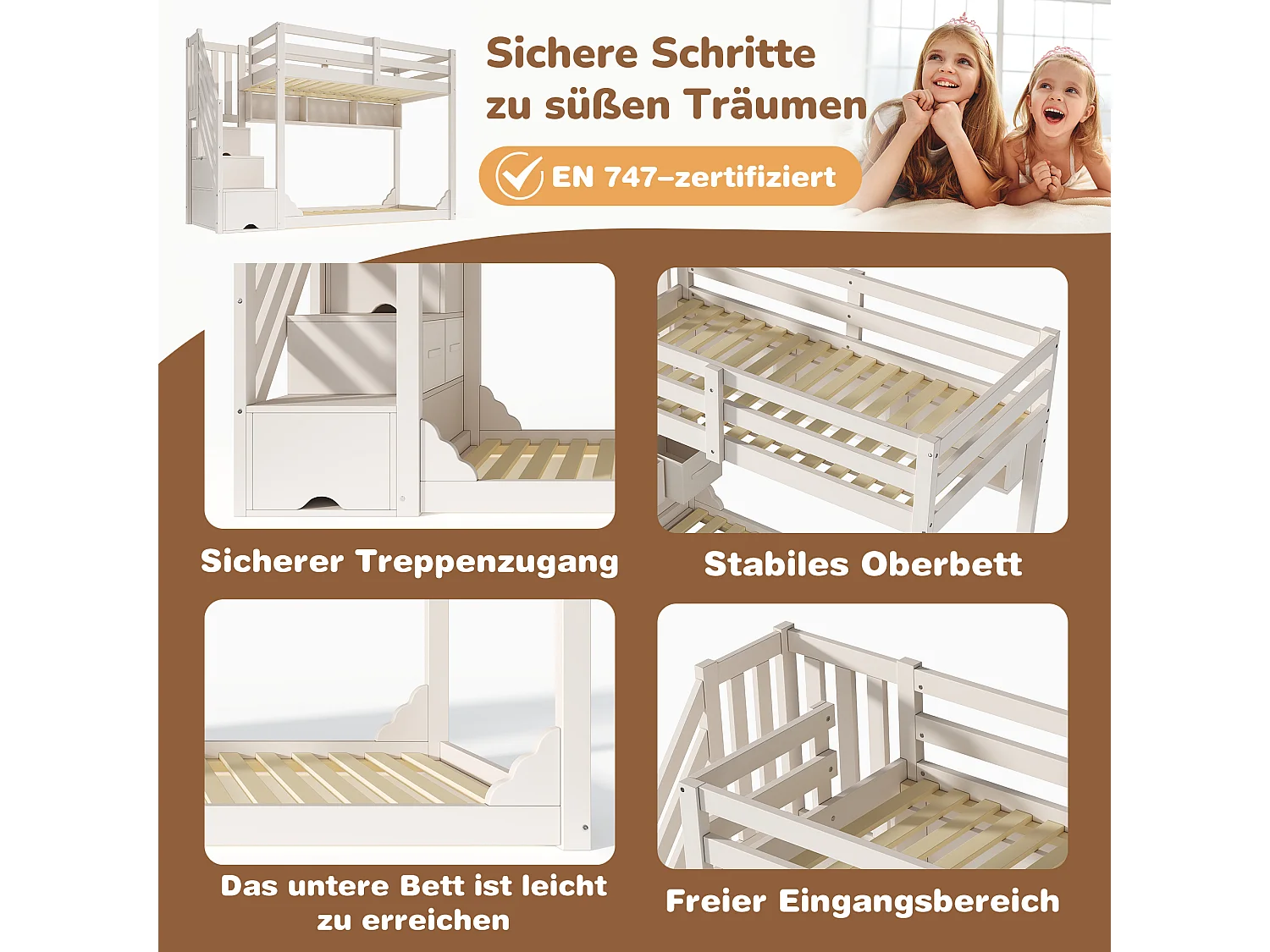 Bunk beds 2 x 90 x 200 cm with 2 drawers, 2 doors and 3 compartments - Pine + particleboard + plywood - White (Mattresses not included)