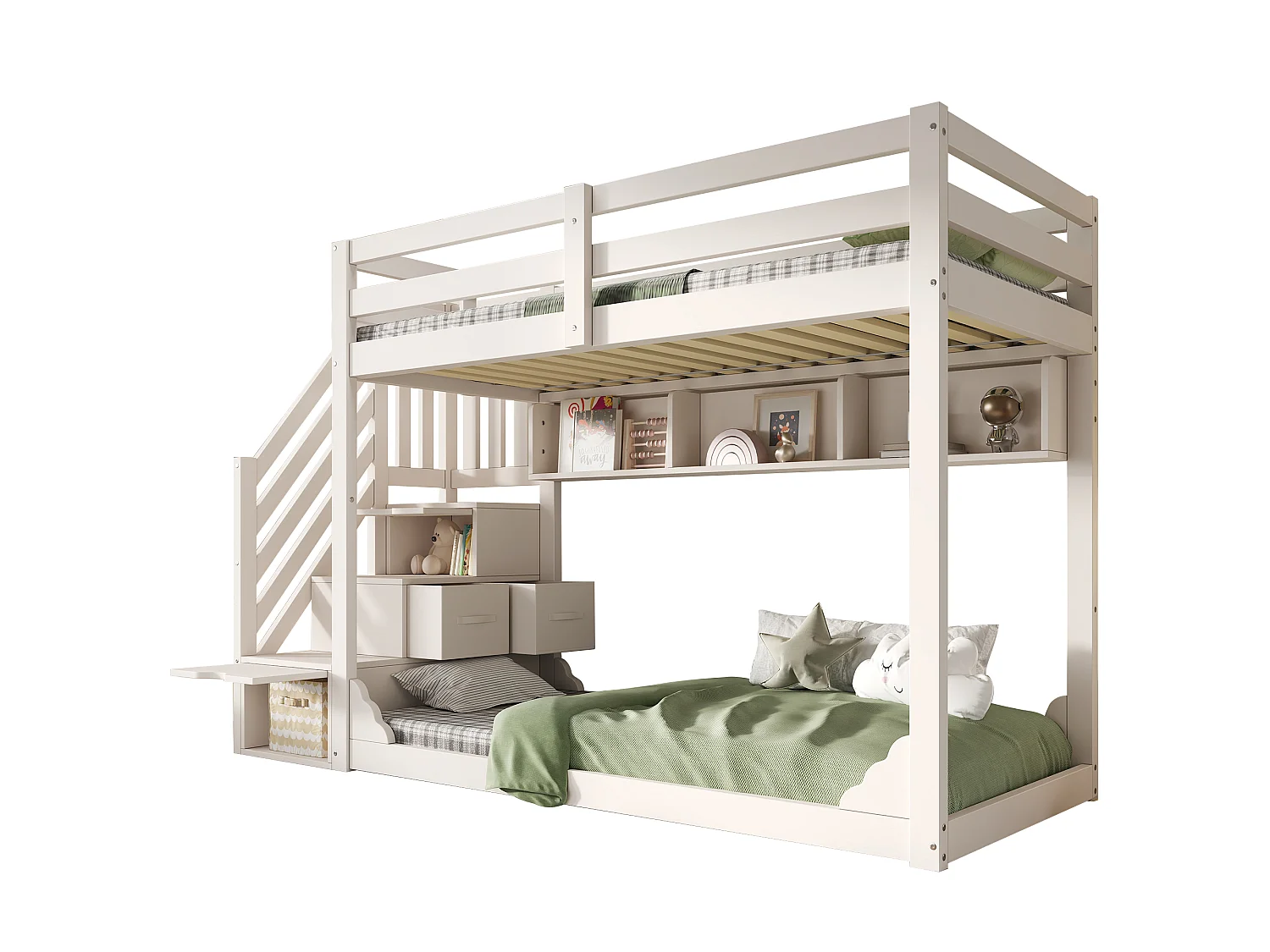 Bunk beds 2 x 90 x 200 cm with 2 drawers, 2 doors and 3 compartments - Pine + particleboard + plywood - White (Mattresses not included)