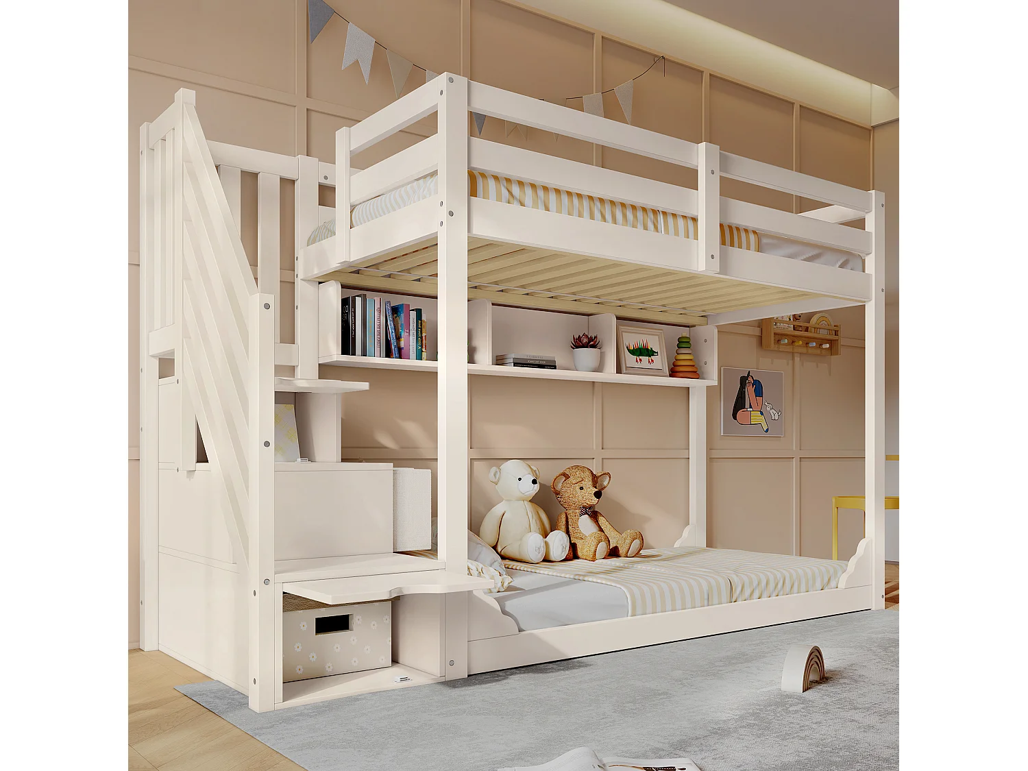 Bunk beds 2 x 90 x 200 cm with 2 drawers, 2 doors and 3 compartments - Pine + particleboard + plywood - White (Mattresses not included)