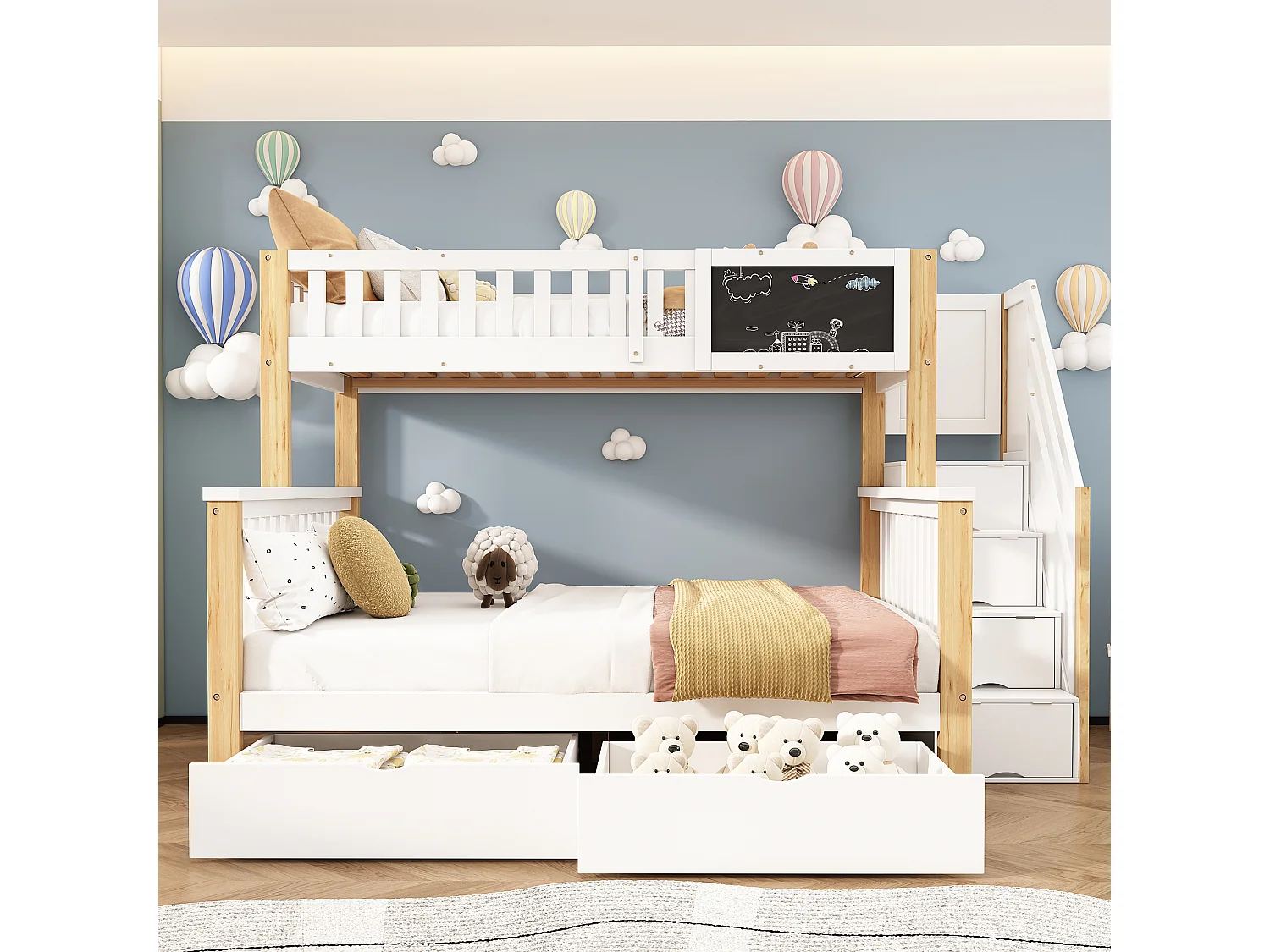 Bunk bed 90 x 200 / 140 x 200 cm with stairs, chalkboard, 2 drawers and cupboards – Solid wood and MDF – White + natural (Mattress not included)