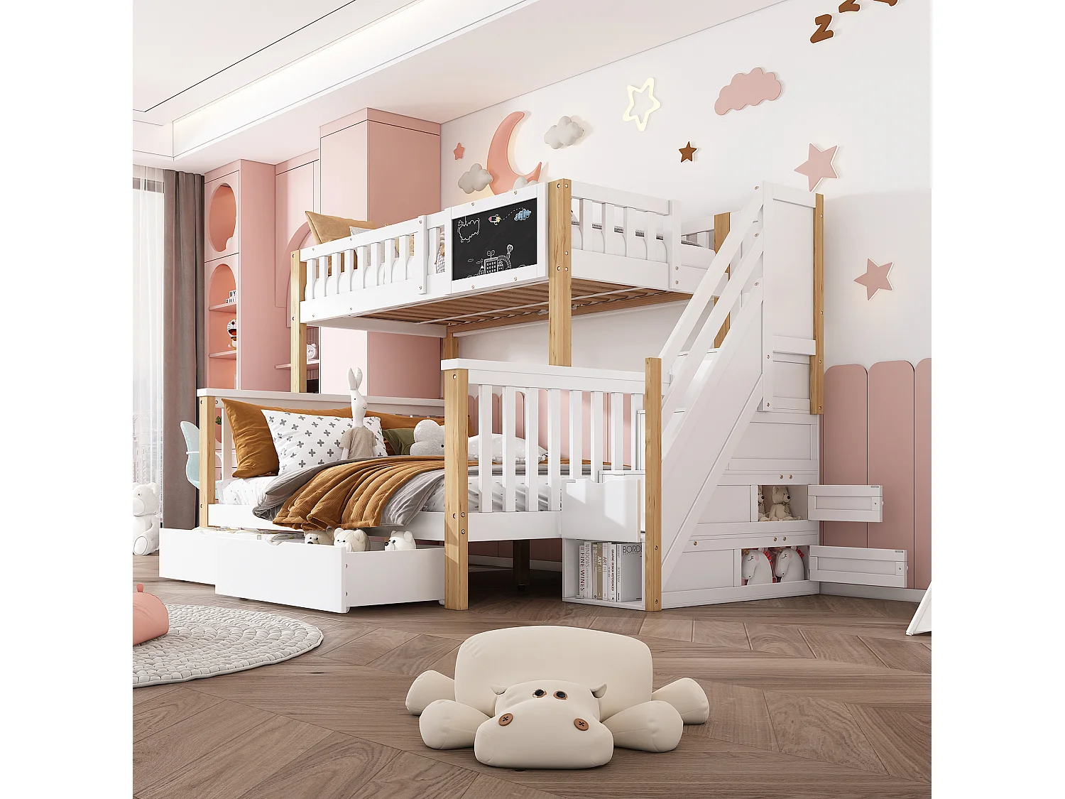 Bunk bed 90 x 200 / 140 x 200 cm with stairs, chalkboard, 2 drawers and cupboards – Solid wood and MDF – White + natural (Mattress not included)