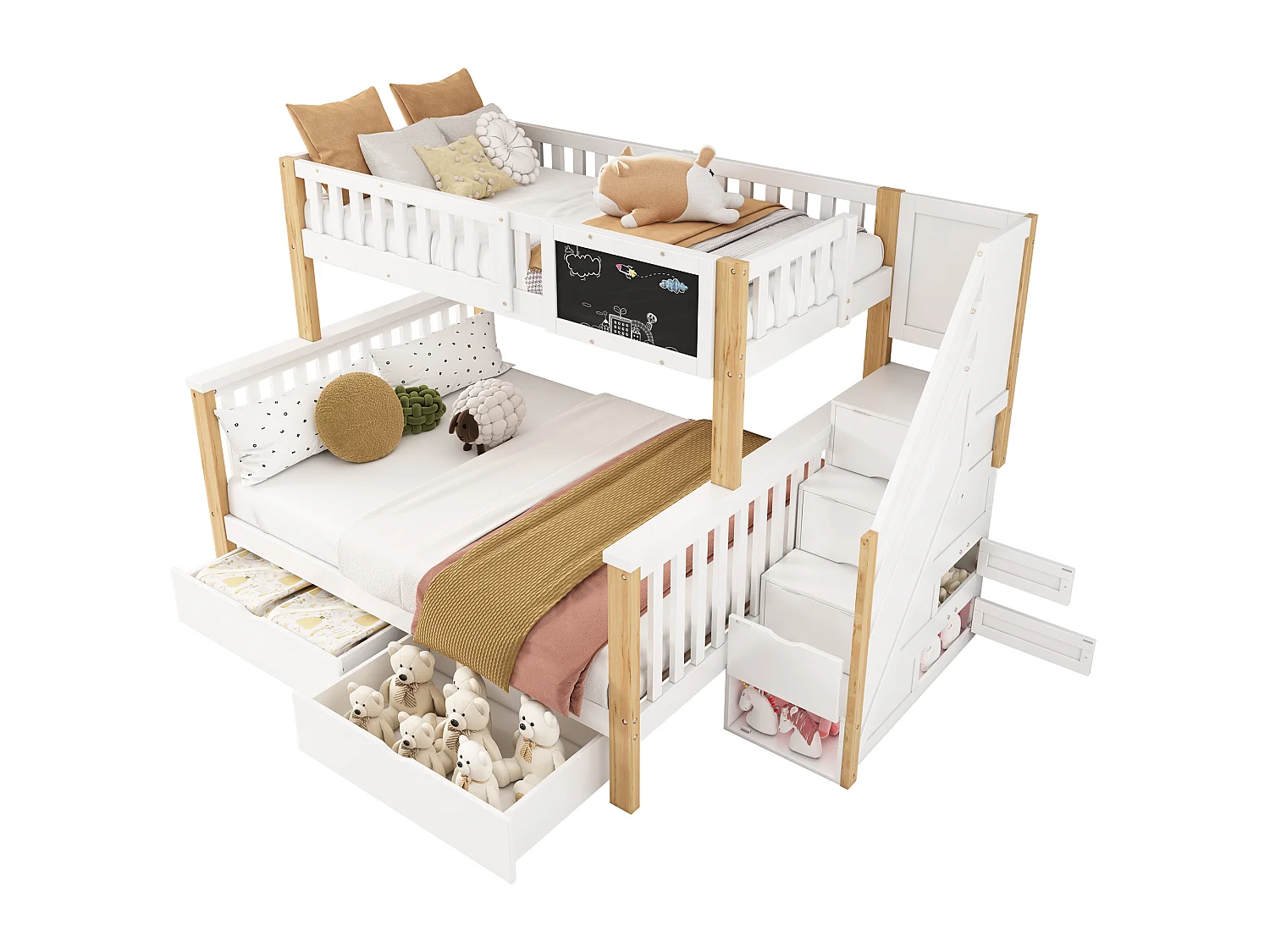 Bunk bed 90 x 200 / 140 x 200 cm with stairs, chalkboard, 2 drawers and cupboards – Solid wood and MDF – White + natural (Mattress not included)