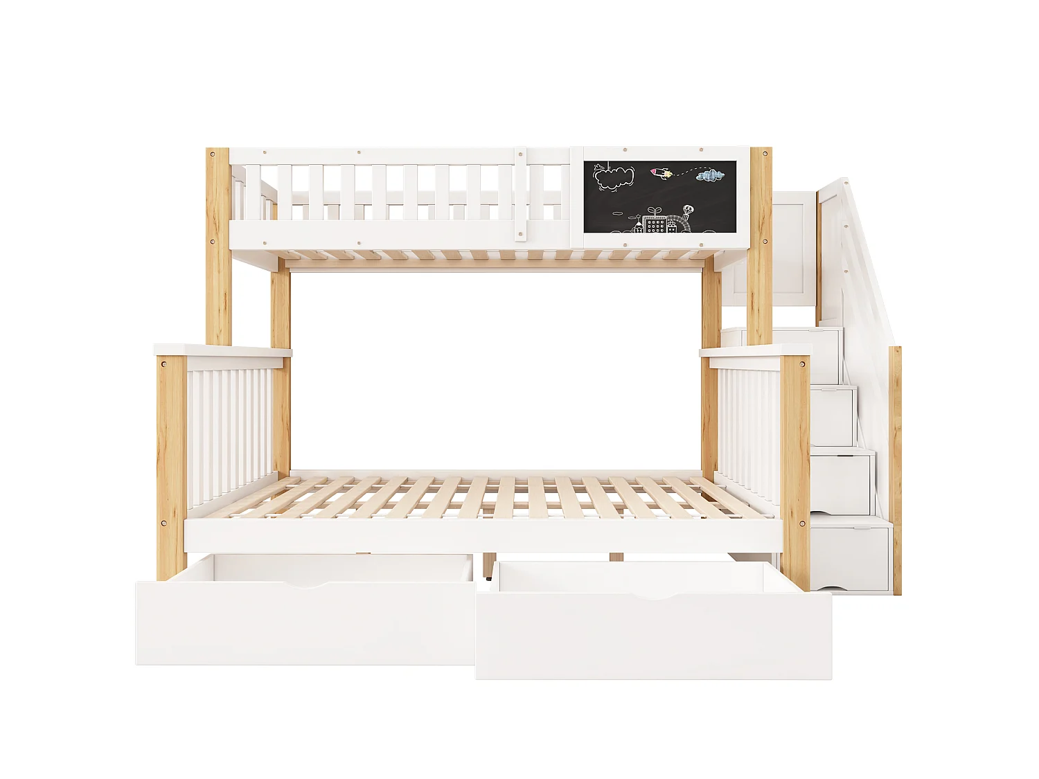 Bunk bed 90 x 200 / 140 x 200 cm with stairs, chalkboard, 2 drawers and cupboards – Solid wood and MDF – White + natural (Mattress not included)