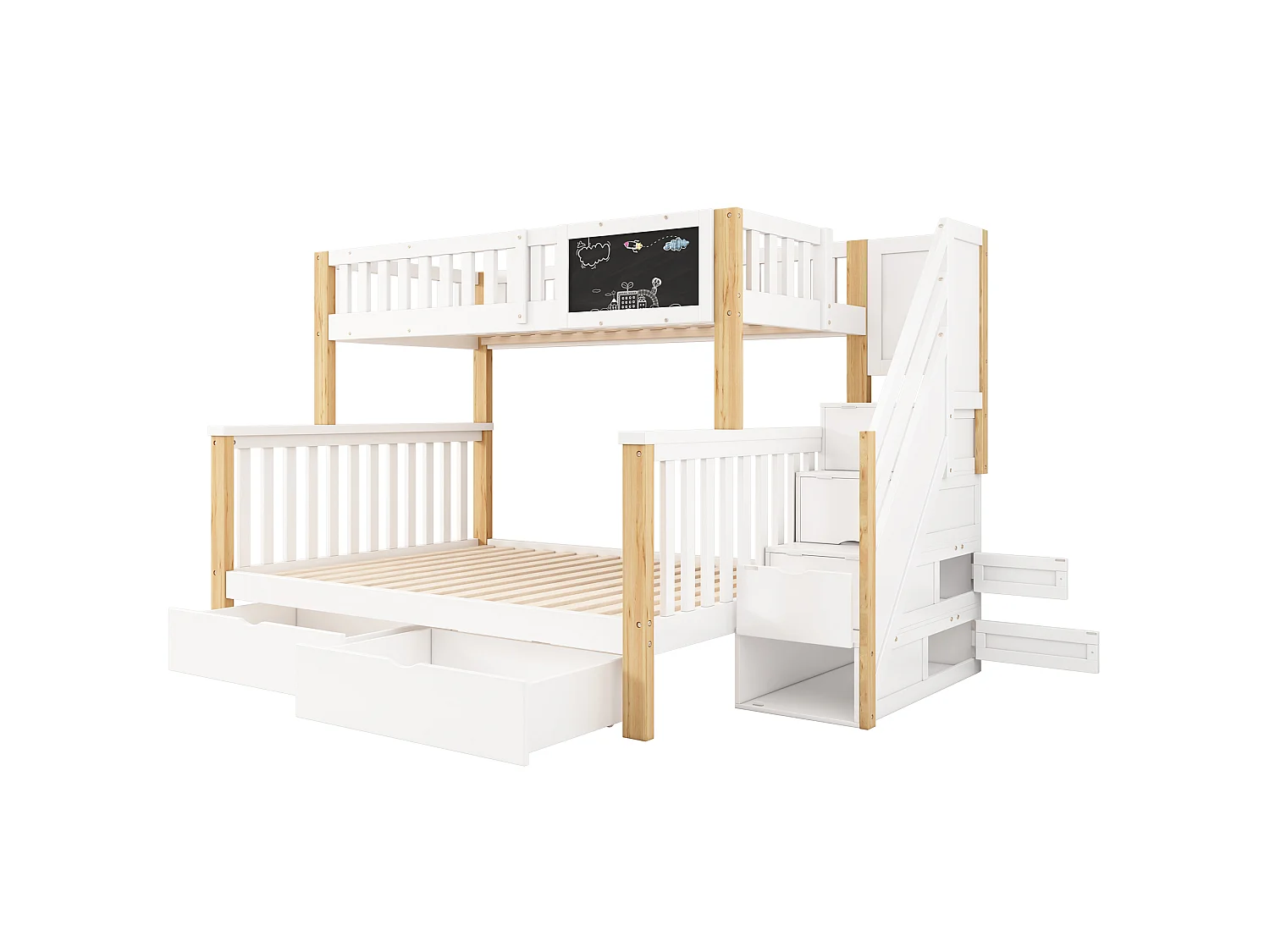 Bunk bed 90 x 200 / 140 x 200 cm with stairs, chalkboard, 2 drawers and cupboards – Solid wood and MDF – White + natural (Mattress not included)
