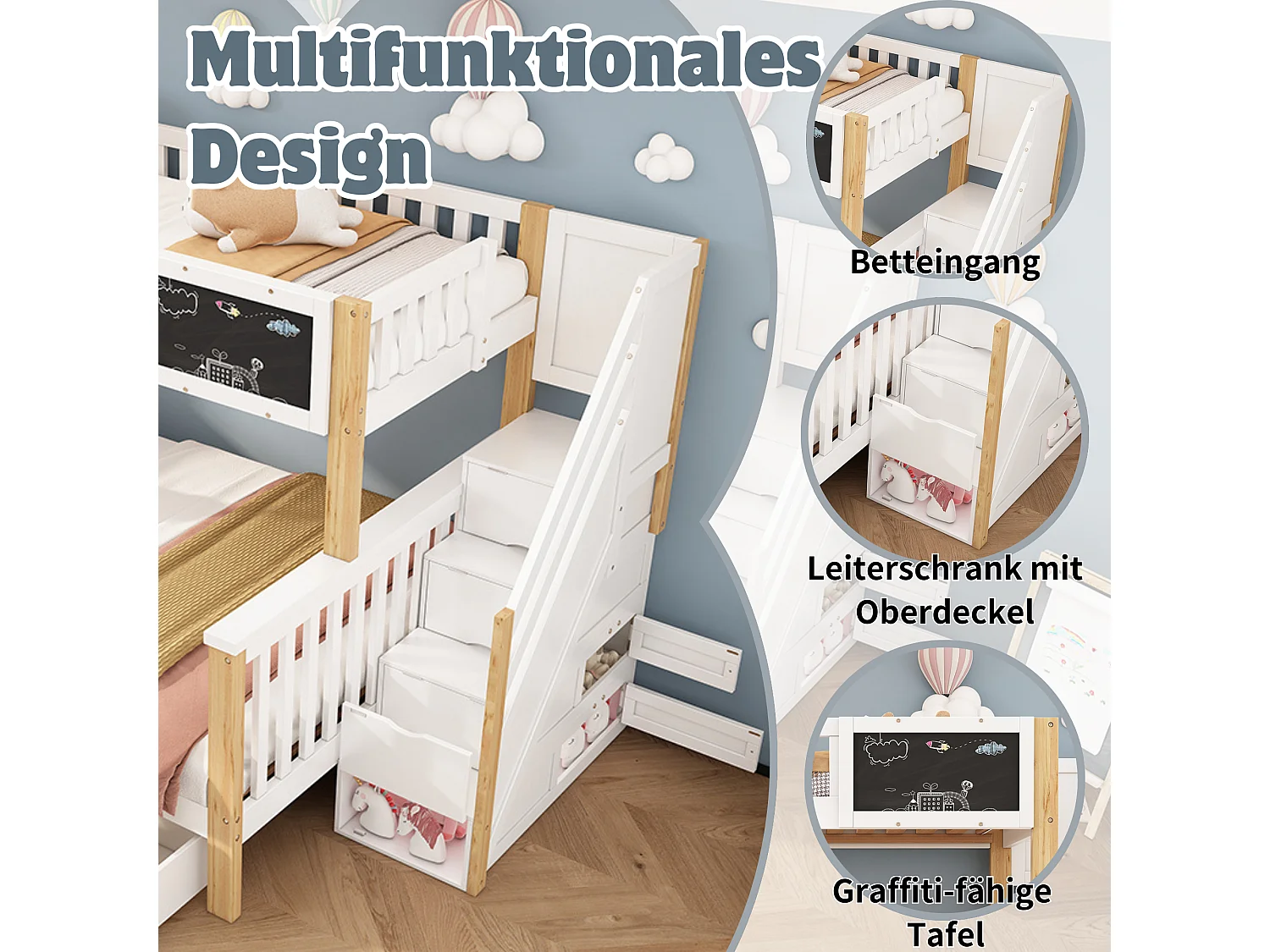 Bunk bed 90 x 200 / 140 x 200 cm with stairs, chalkboard, 2 drawers and cupboards – Solid wood and MDF – White + natural (Mattress not included)