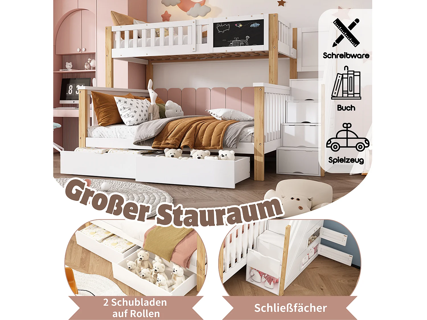 Bunk bed 90 x 200 / 140 x 200 cm with stairs, chalkboard, 2 drawers and cupboards – Solid wood and MDF – White + natural (Mattress not included)