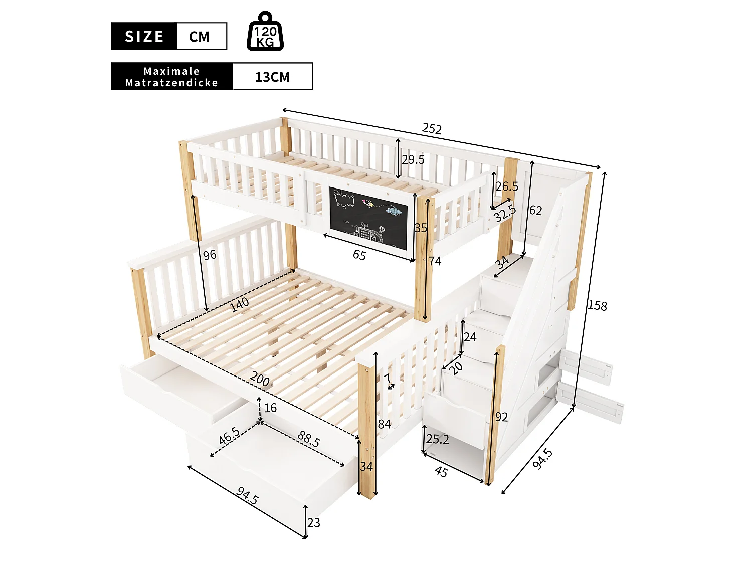 Bunk bed 90 x 200 / 140 x 200 cm with stairs, chalkboard, 2 drawers and cupboards – Solid wood and MDF – White + natural (Mattress not included)