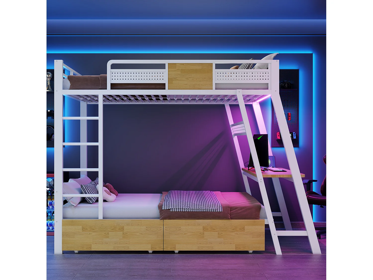 Stapelbed 90 x 200 cm met bureau, stopcontacten, USB- en Type-C-aansluitingen, ledverlichting, 2 lades - Metaal + MDF - Wit (Matras niet inbegrepen)