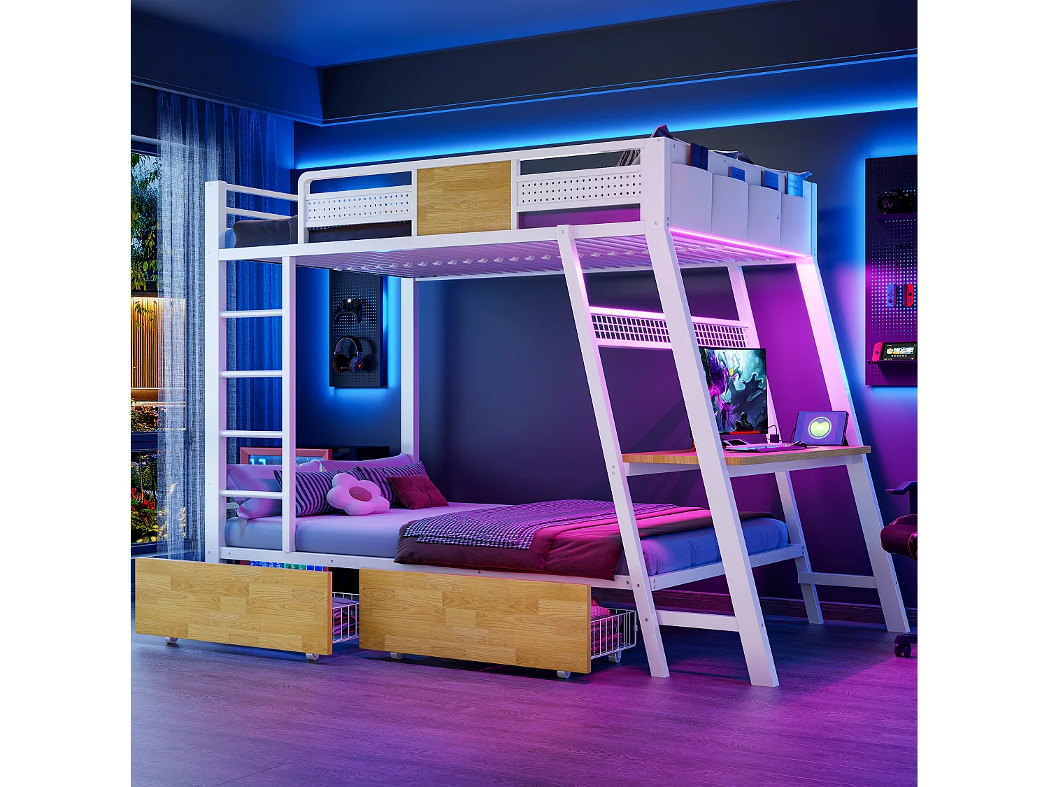 Stapelbed 90 x 200 cm met bureau, stopcontacten, USB- en Type-C-aansluitingen, ledverlichting, 2 lades - Metaal + MDF - Wit (Matras niet inbegrepen)