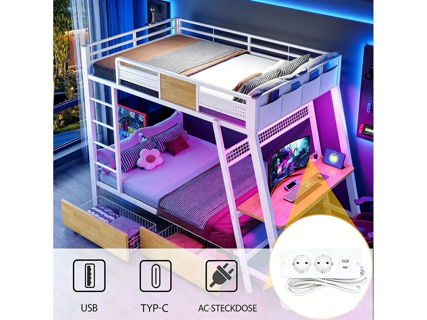 Stapelbed 90 x 200 cm met bureau, stopcontacten, USB- en Type-C-aansluitingen, ledverlichting, 2 lades - Metaal + MDF - Wit (Matras niet inbegrepen)