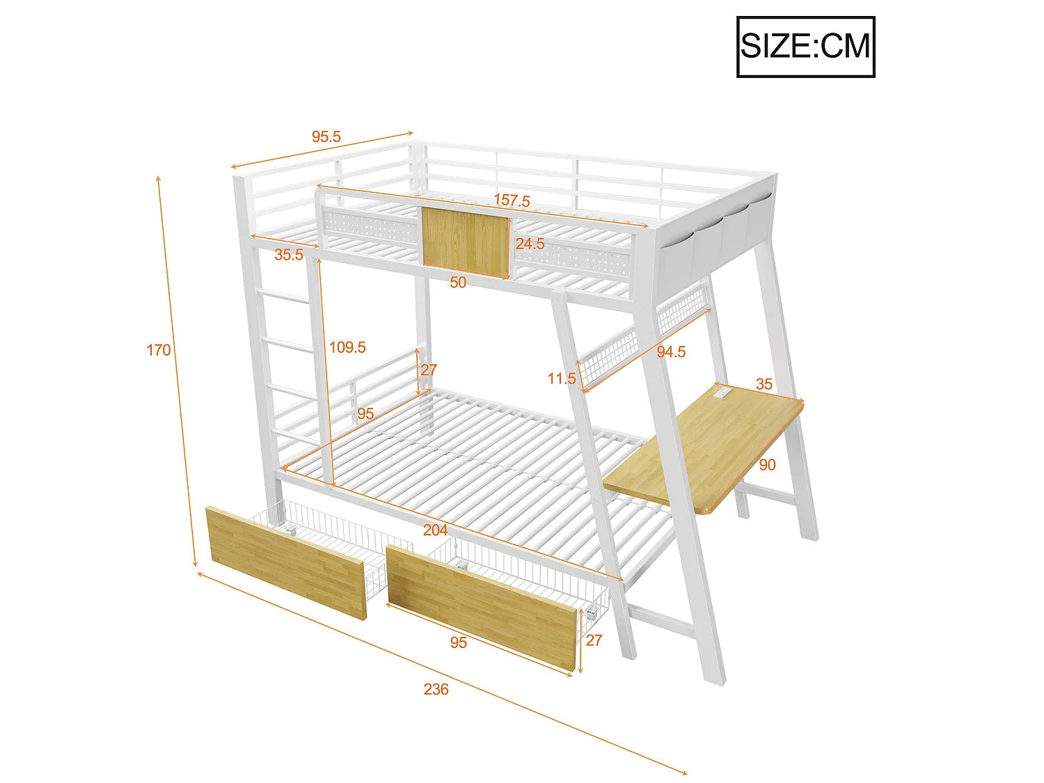 Stapelbed 90 x 200 cm met bureau, stopcontacten, USB- en Type-C-aansluitingen, ledverlichting, 2 lades - Metaal + MDF - Wit (Matras niet inbegrepen)