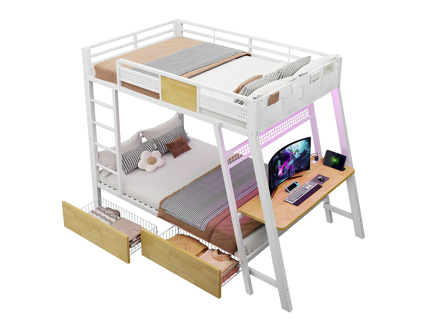 Stapelbed 90 x 200 cm met bureau, stopcontacten, USB- en Type-C-aansluitingen, ledverlichting, 2 lades - Metaal + MDF - Wit (Matras niet inbegrepen)