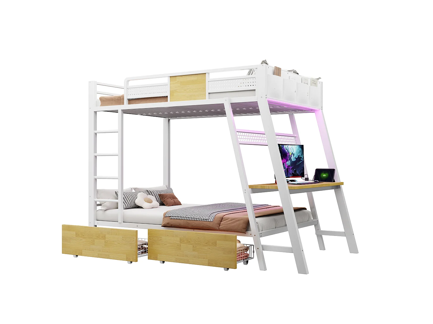 Stapelbed 90 x 200 cm met bureau, stopcontacten, USB- en Type-C-aansluitingen, ledverlichting, 2 lades - Metaal + MDF - Wit (Matras niet inbegrepen)