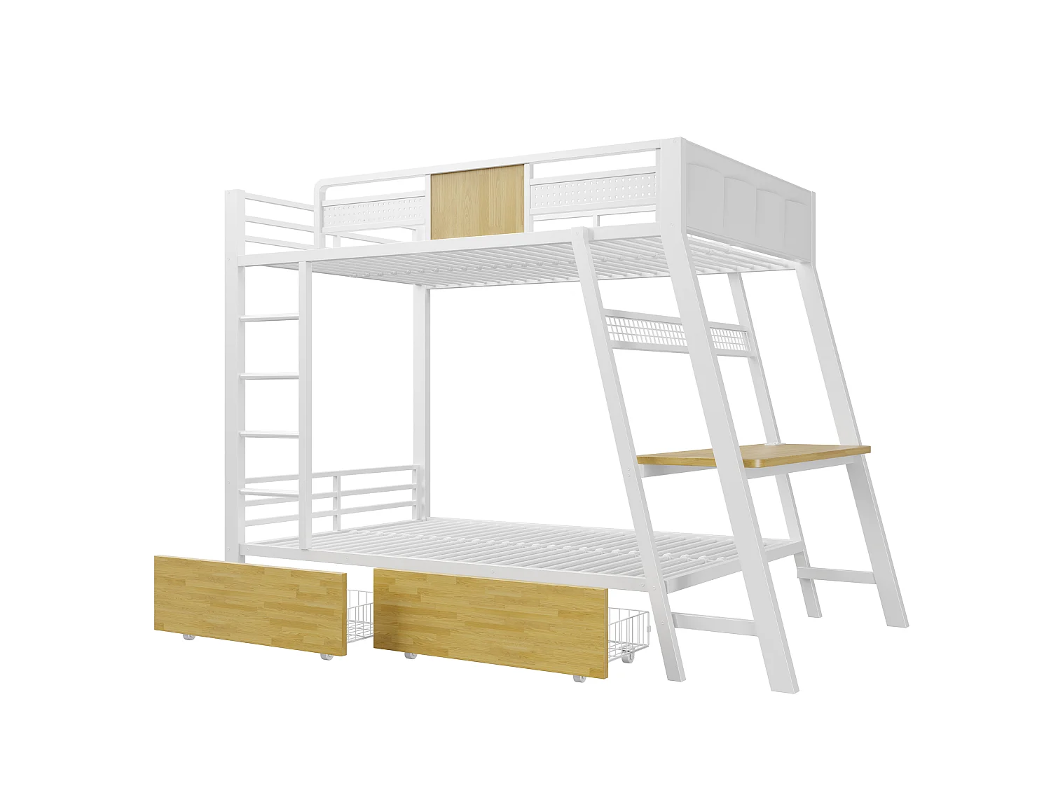 Stapelbed 90 x 200 cm met bureau, stopcontacten, USB- en Type-C-aansluitingen, ledverlichting, 2 lades - Metaal + MDF - Wit (Matras niet inbegrepen)