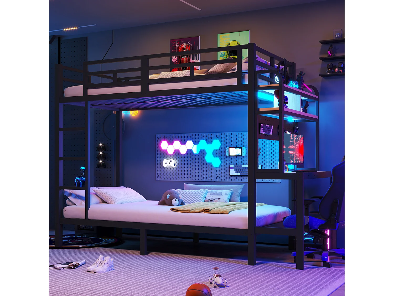 Stapelbed 90 x 200 cm met bureau, planken, ledverlichting en USB-poorten – Metaal en MDF – Veiligheidshekje – Zwart (Matras niet inbegrepen)