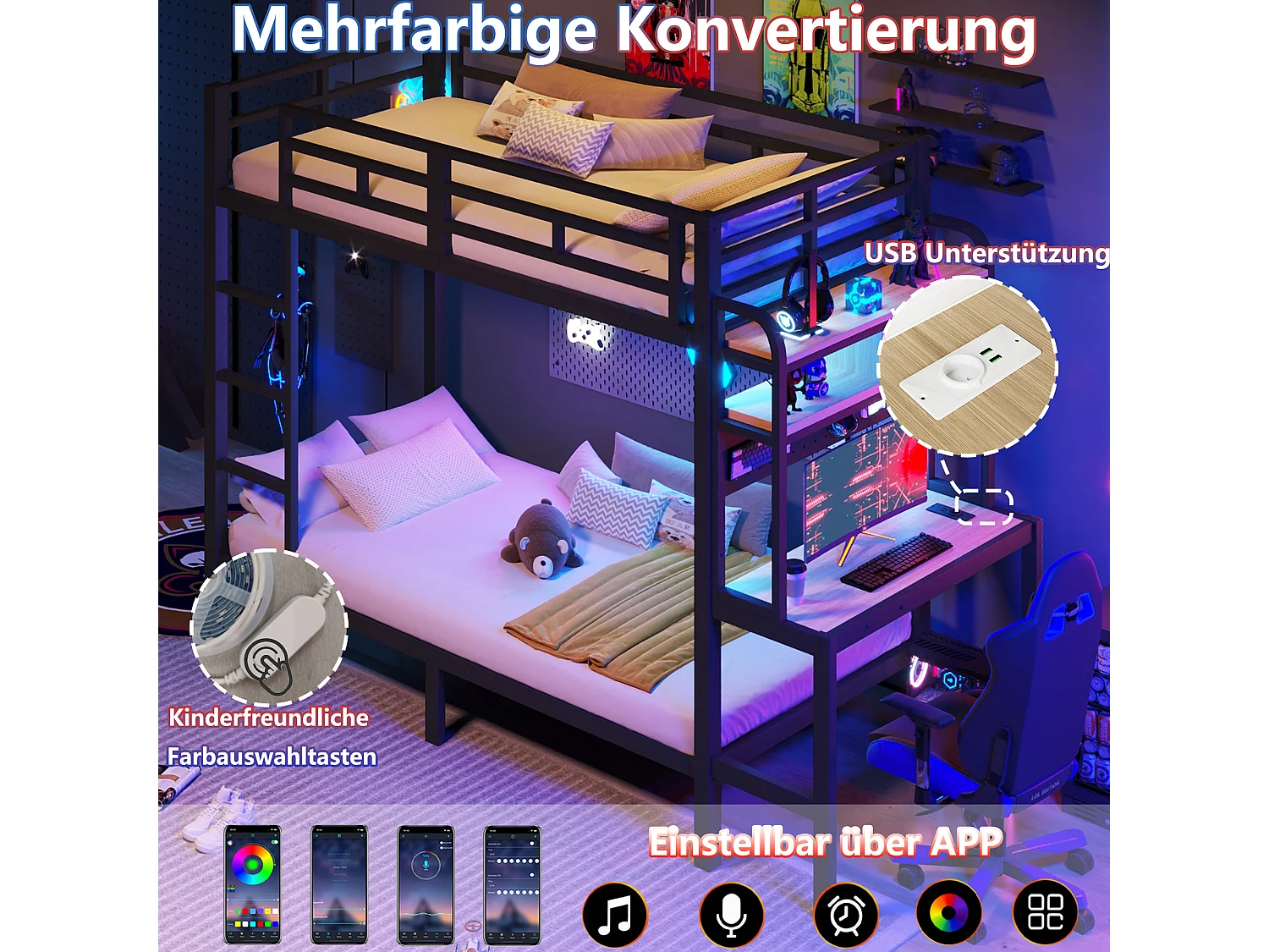 Stapelbed 90 x 200 cm met bureau, planken, ledverlichting en USB-poorten – Metaal en MDF – Veiligheidshekje – Zwart (Matras niet inbegrepen)