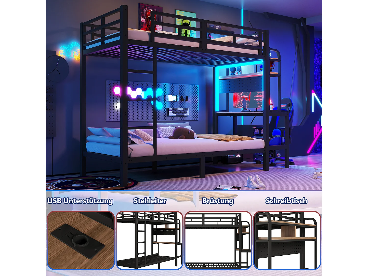 Stapelbed 90 x 200 cm met bureau, planken, ledverlichting en USB-poorten – Metaal en MDF – Veiligheidshekje – Zwart (Matras niet inbegrepen)
