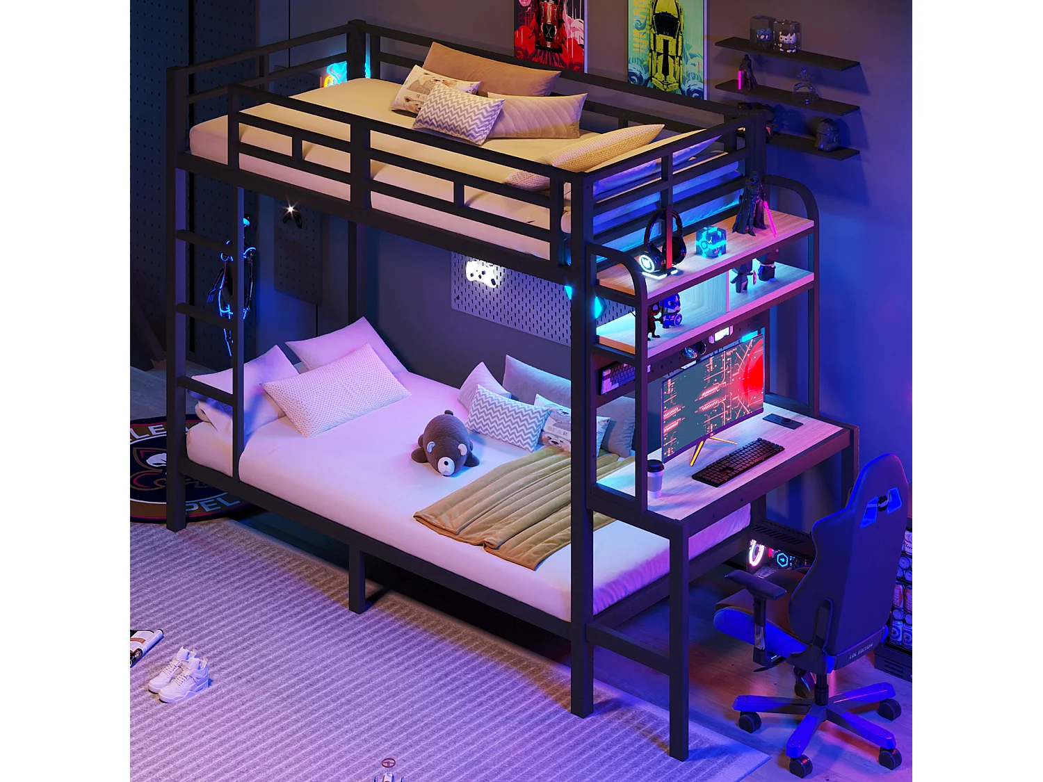 Stapelbed 90 x 200 cm met bureau, planken, ledverlichting en USB-poorten – Metaal en MDF – Veiligheidshekje – Zwart (Matras niet inbegrepen)